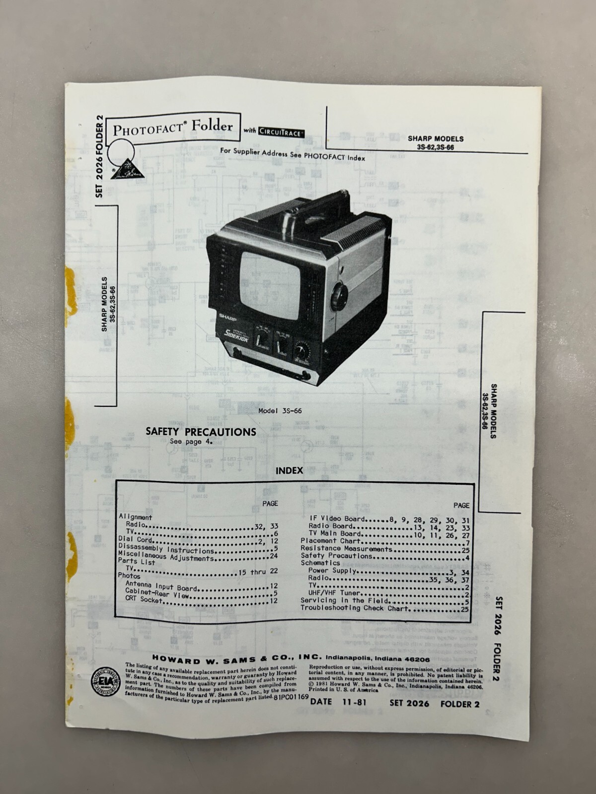 Sharp 3S-62 66 Service Manual Sams Photofact Free Shipping