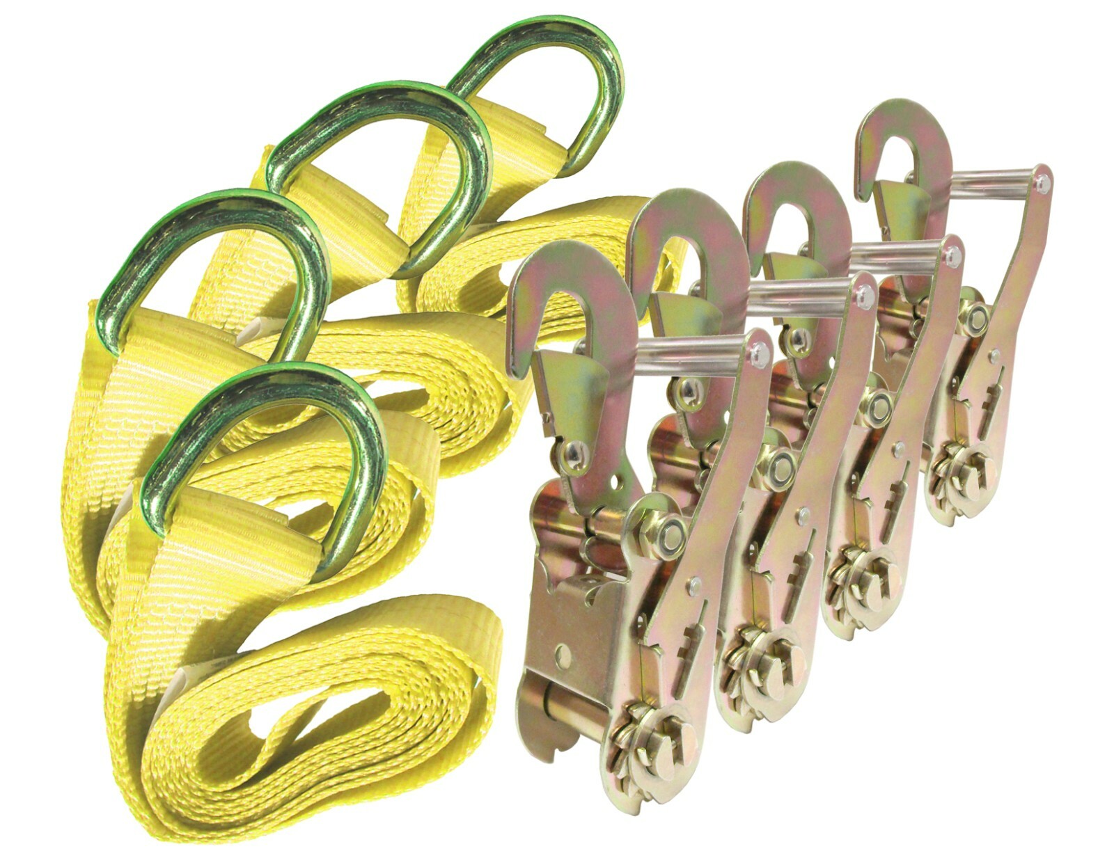 8 ft Yellow Lasso Straps Tie Down 2" Wide Snap Hook Latch Ratchets (4 Pack)