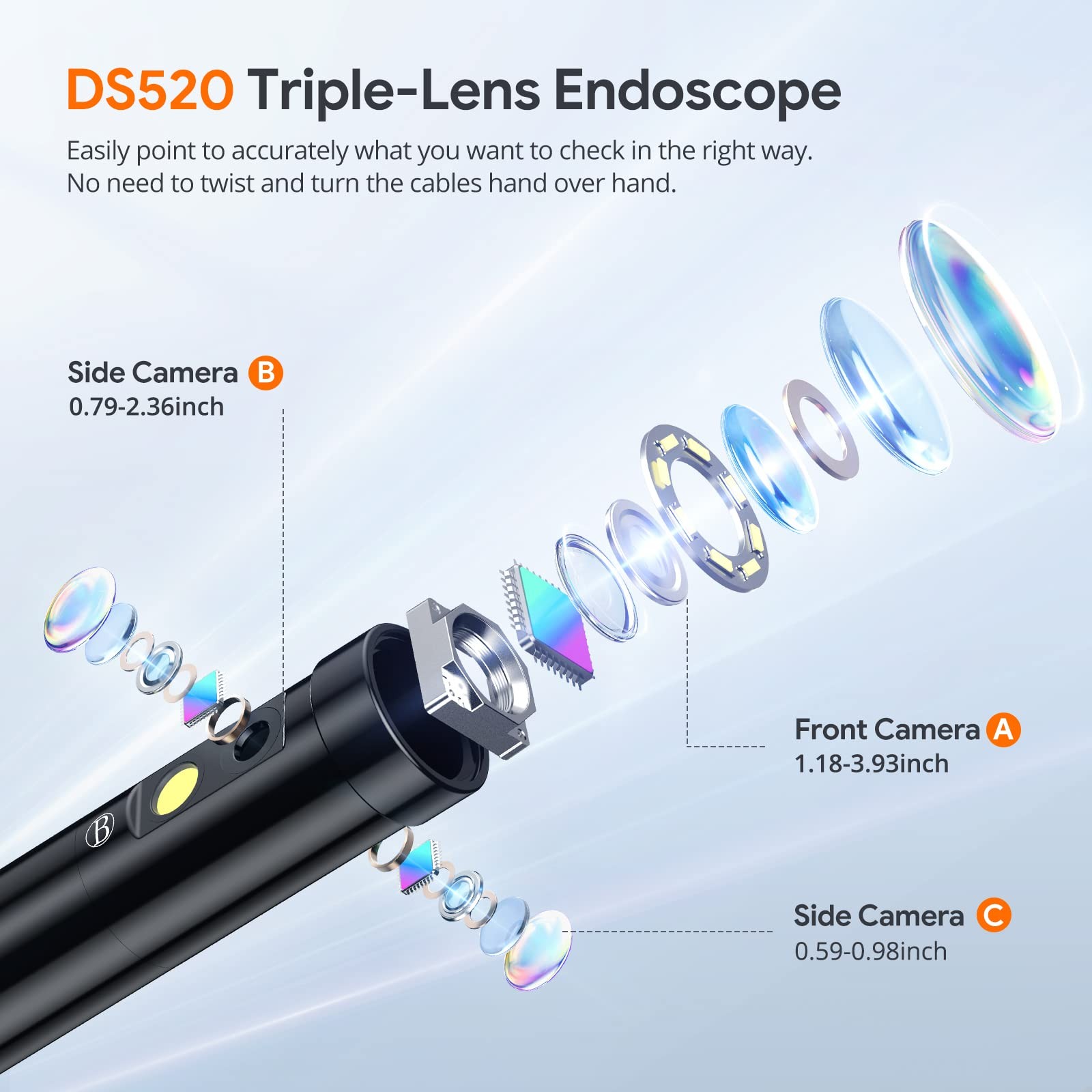 Triple Lens Endoscope Camera with Light with 50FT Semi-Rigid Cable, 5" IPS Sc...