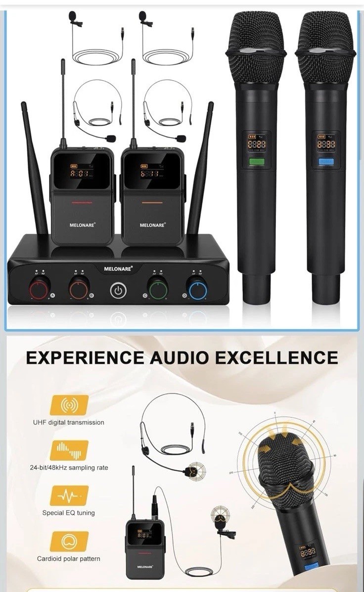 4-Channel Wireless Microphone System UHF Cordless 2 Handheld 2 Bodypack Mics