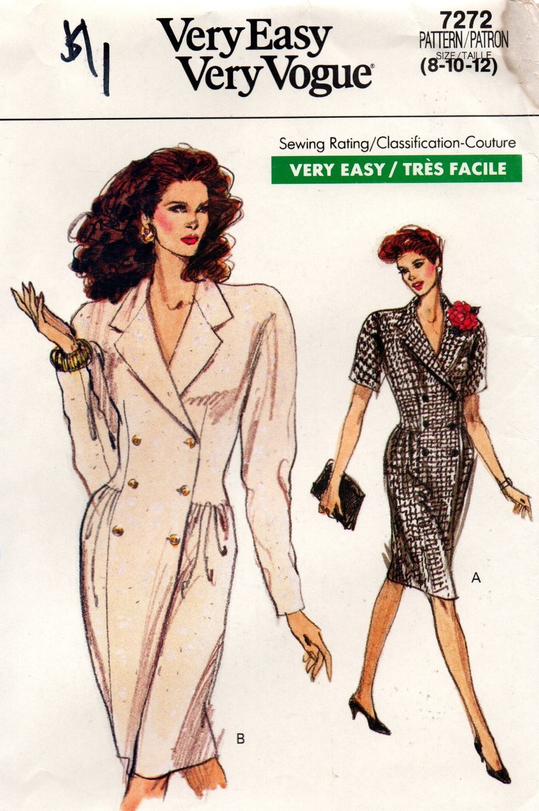 Vintage 80s Vogue Sewing Pattern 7272 sz 8-10-12, Double-Breasted Dress