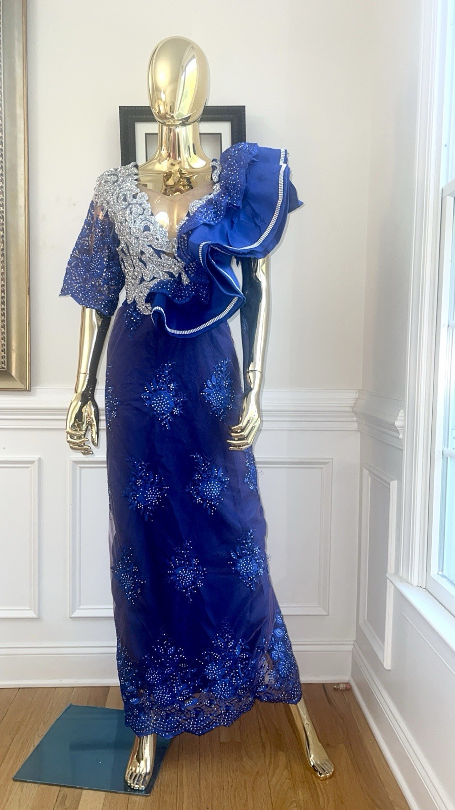 Blue Lace African Long Dress, African Outfits, Nigerian Lace Dress, Lace Dress
