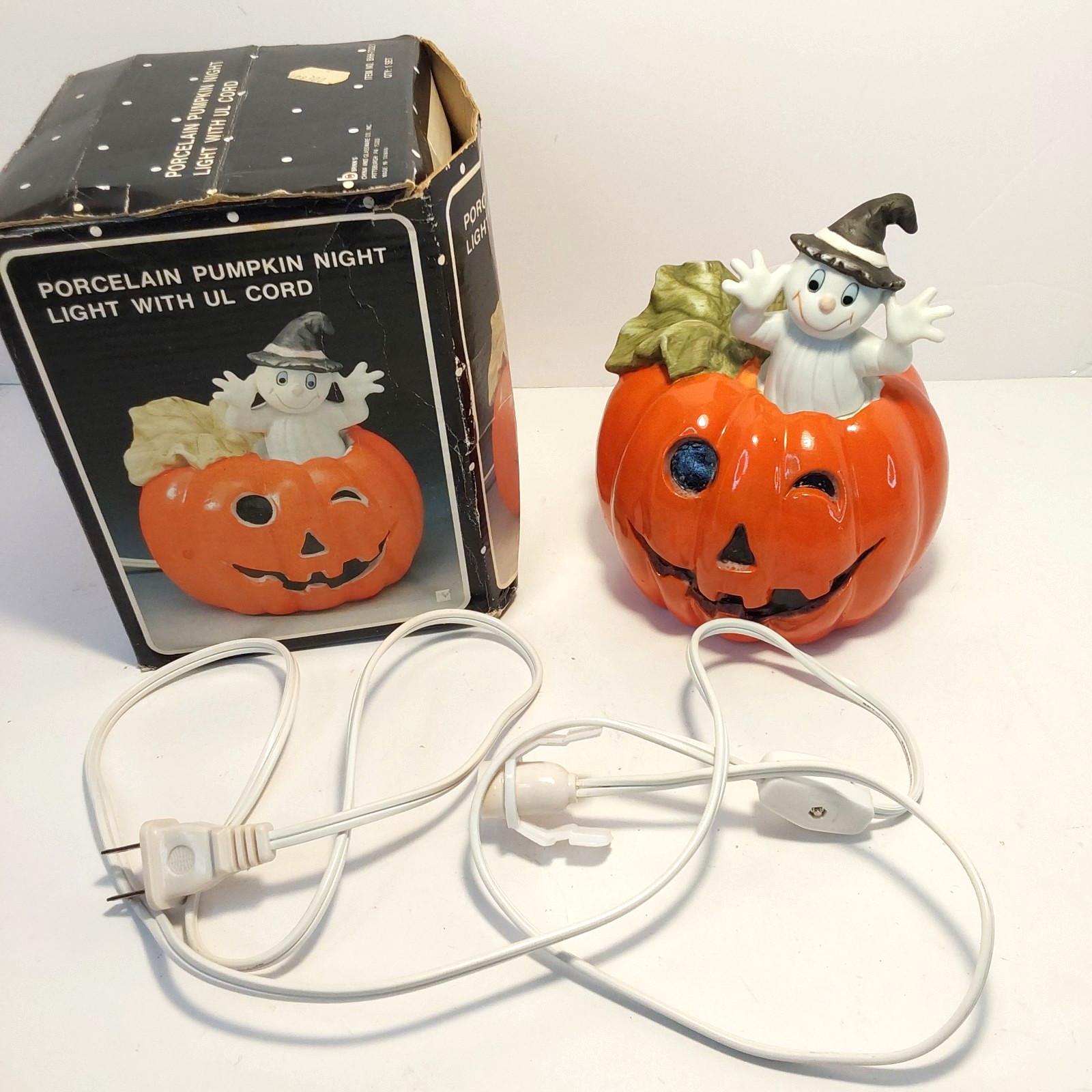 Vintage Brinn's Porcelain Pumpkin & Ghost Night Light In Box w/Cord, Needs Bulb