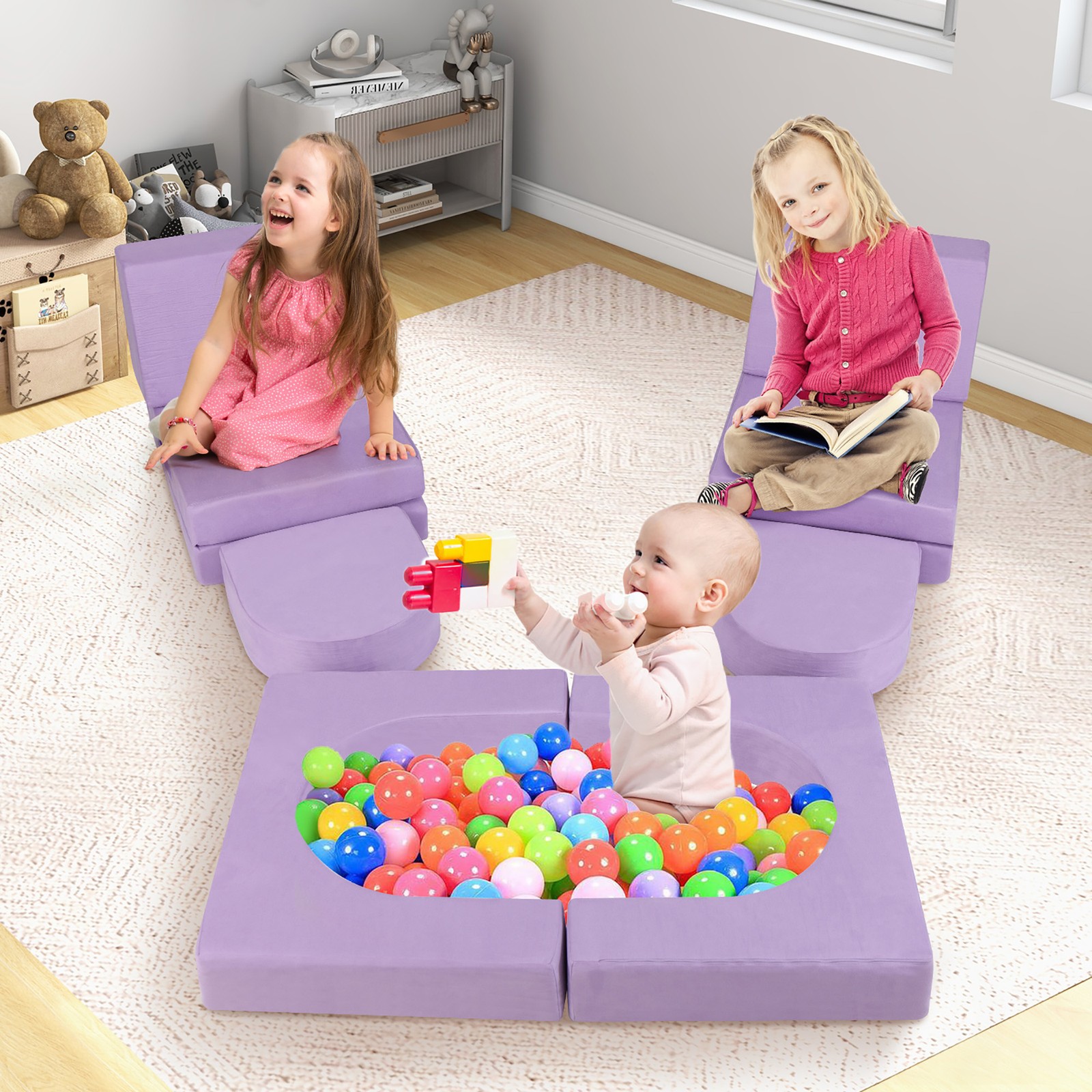 8 PCS Modular Kids Play Couch Sofa w/ Suede Fabric Cover High-Density Foam