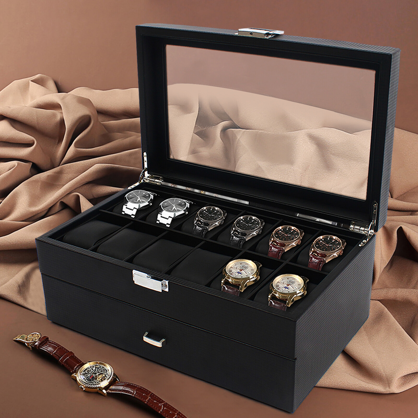 24 Slots Men Watch Box Organizer Large Watch Holder Jewelry Storage Display Case