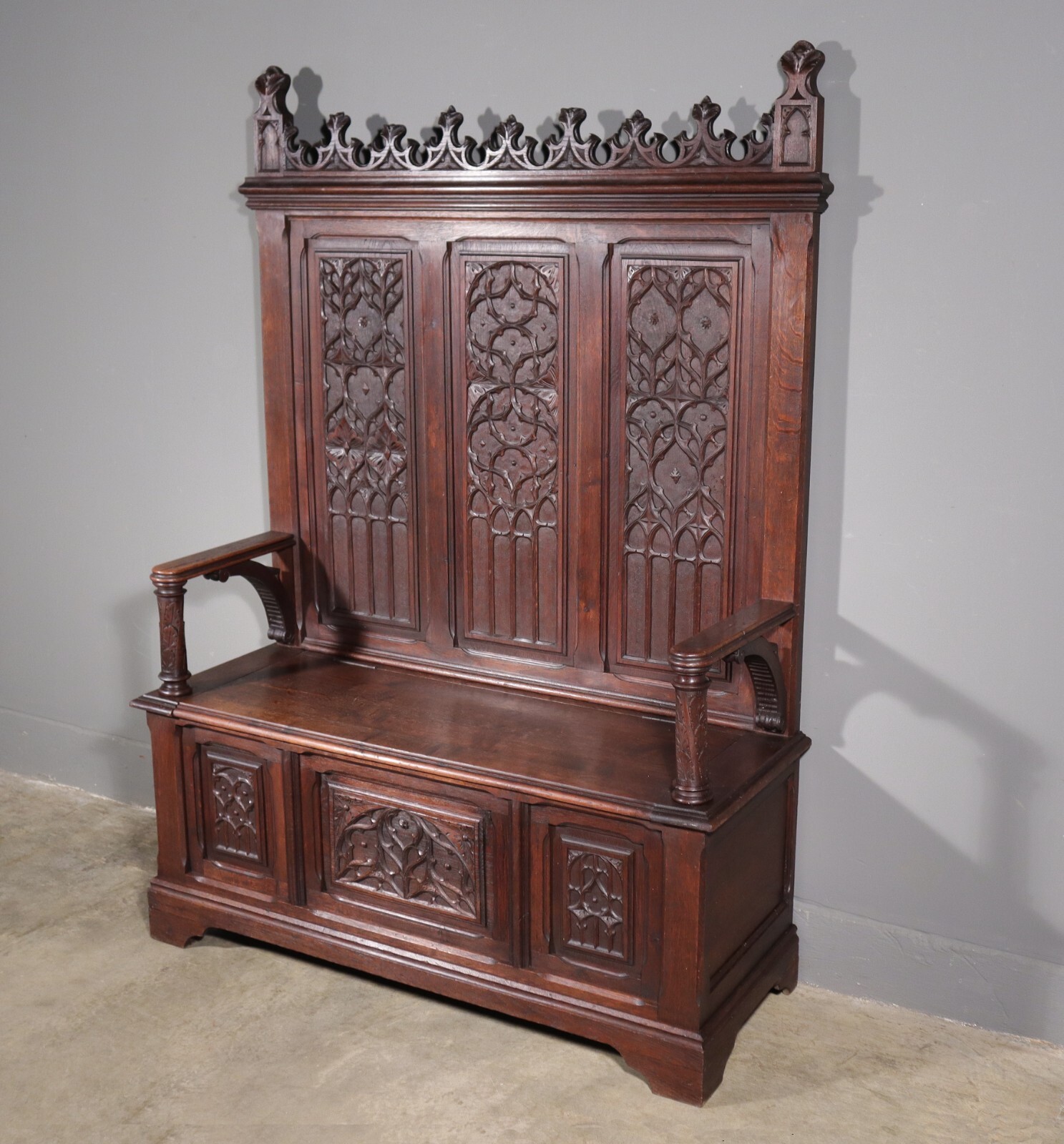 72" Tall Antique French Gothic Revival Oak Wood Bench/Settee/Chair Highly Carved