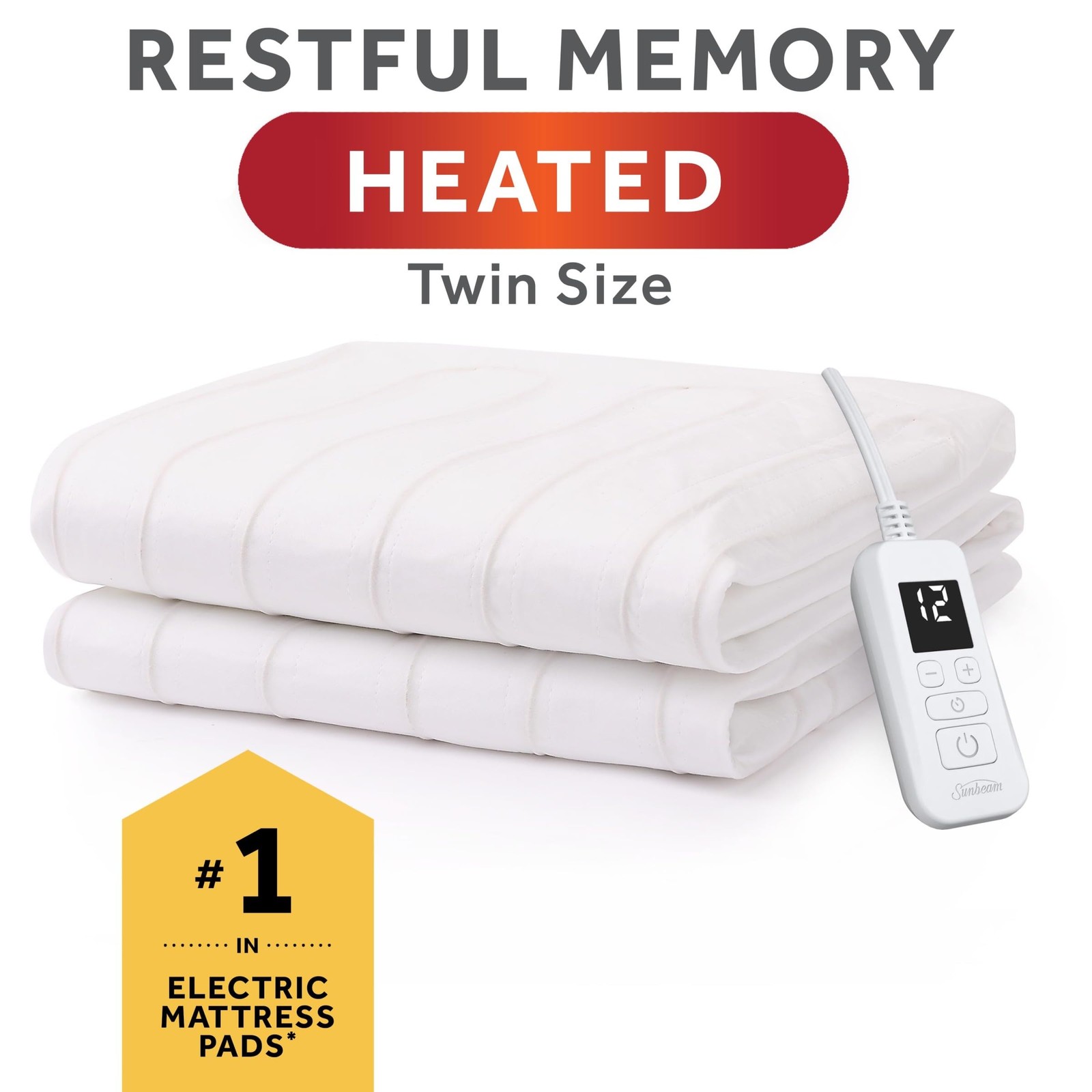 Sunbeam Electric Heated Mattress Pad Twin 75" x 39" 12 Twin, White Non-woven