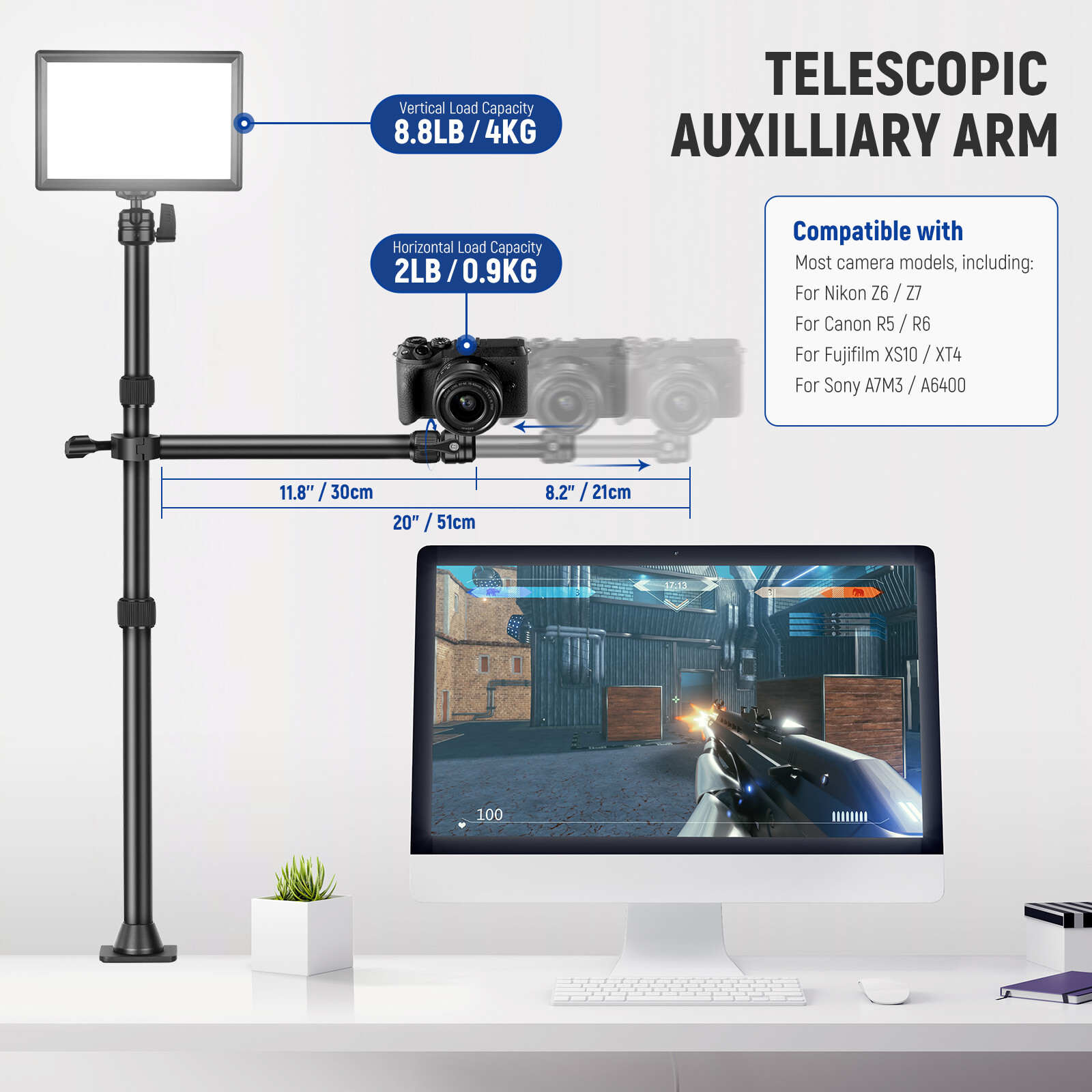 NEEWER Tabletop Overhead Camera Mount Stand&2 Section Telescopic Extension Arm