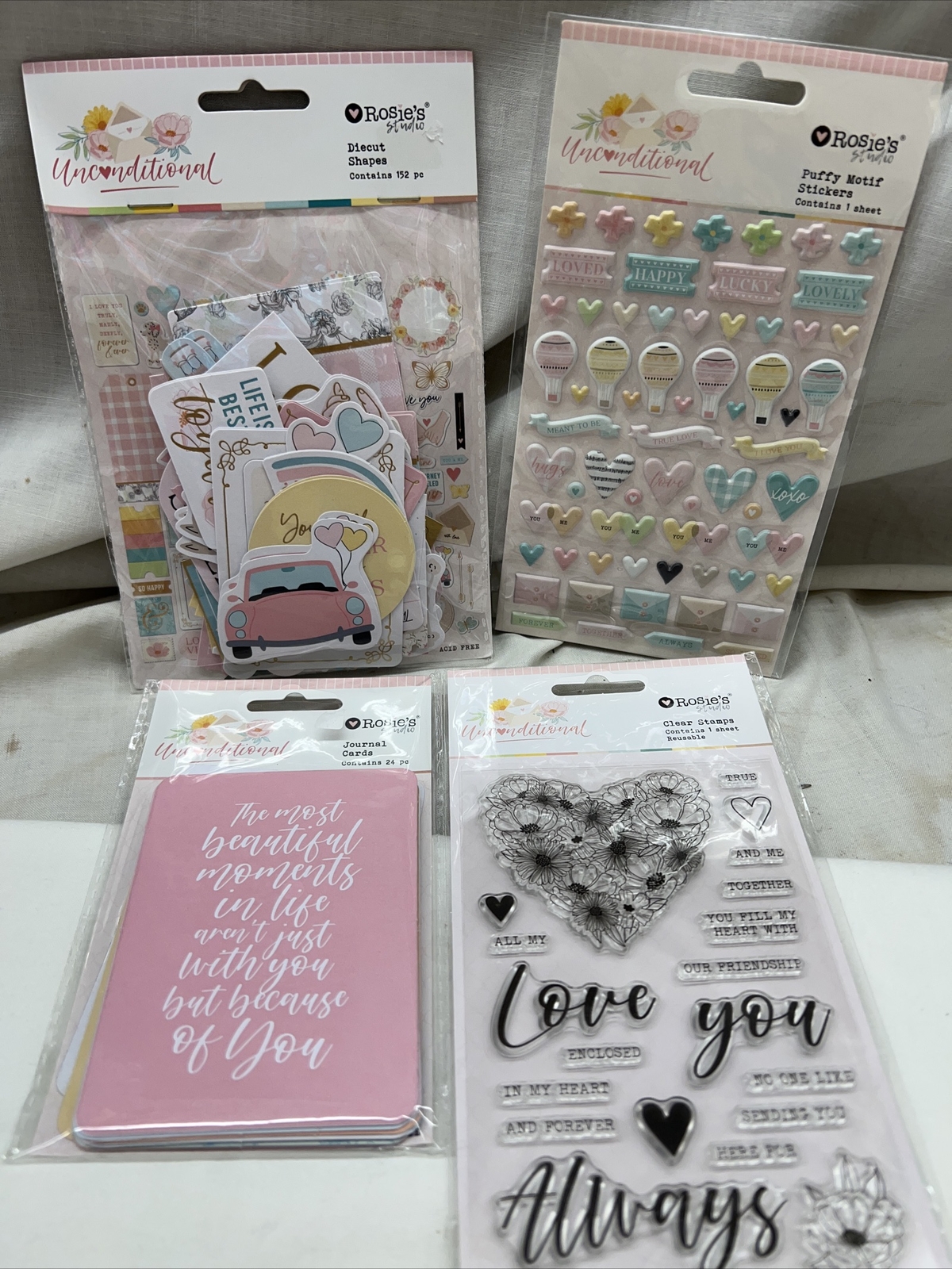 Rosie’s Studio Unconditional 4 Pcs Puffy Sticker Stamps Die Cut Shapes Journal