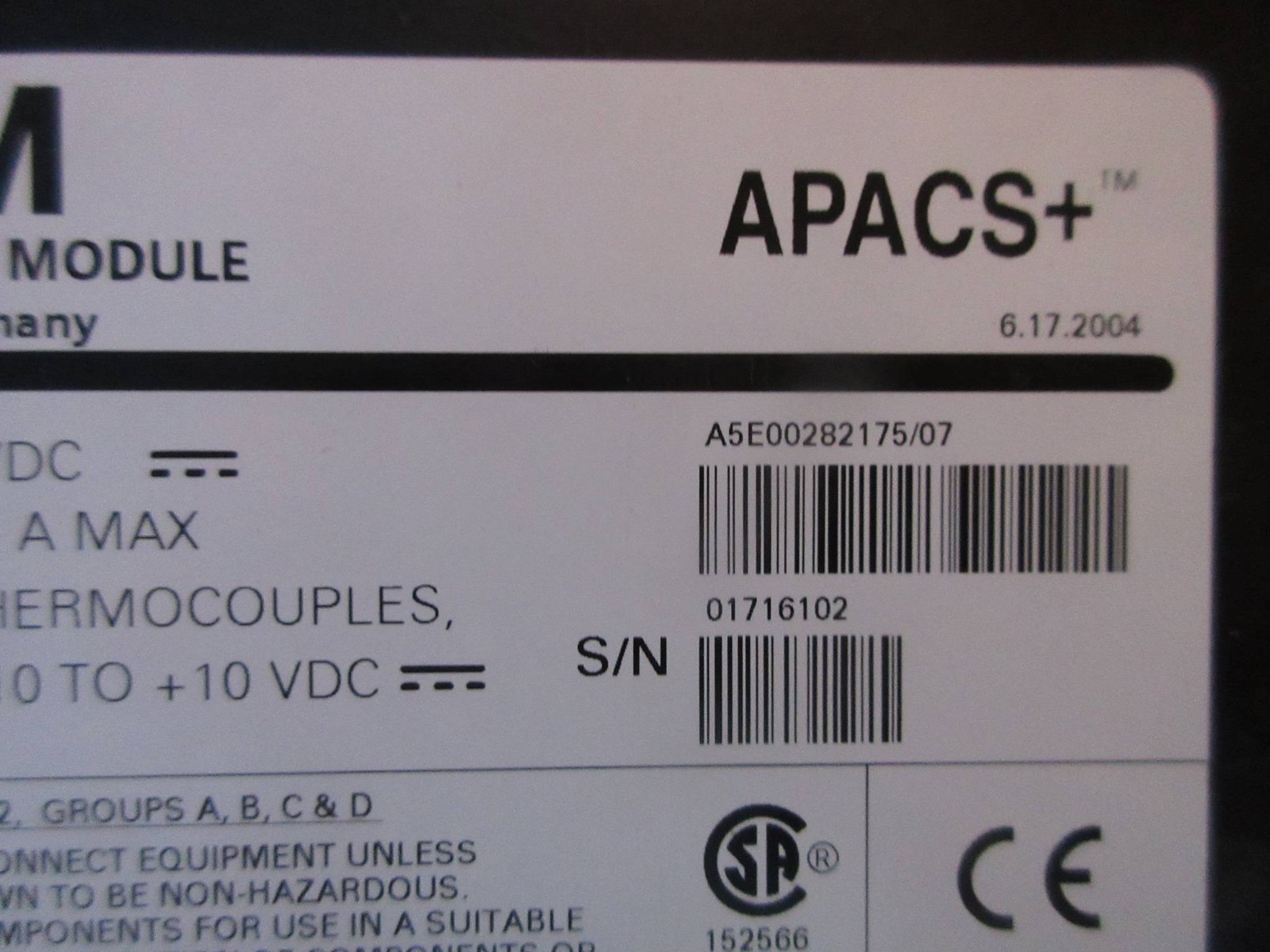 Siemens 39VIMCCN A5E00282175/07 APACS+ VIM Voltage Input Module Moore ROM 3.02