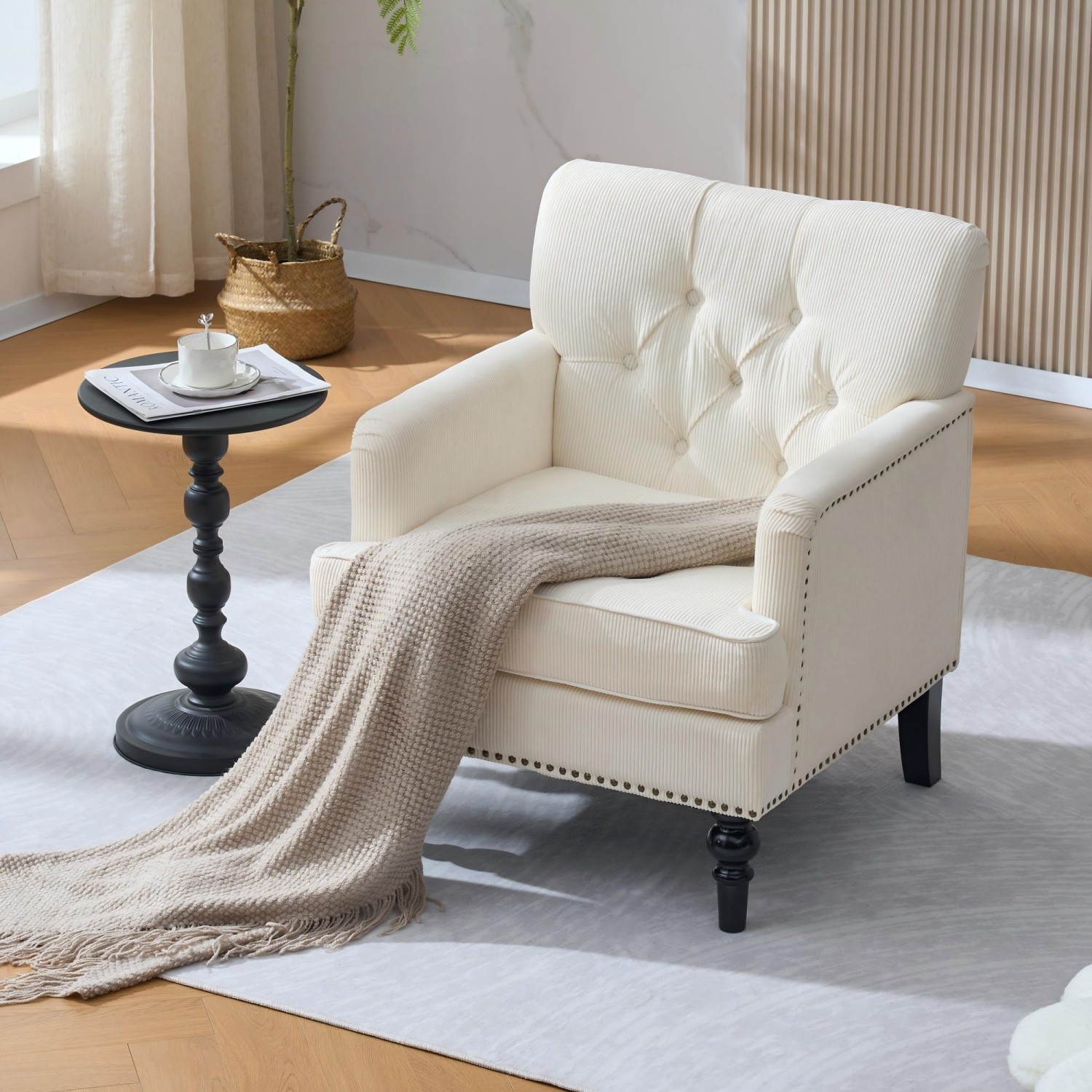 Corduroy Accent Chairs Modern Lounge Armchair w/ Solid Wood Legs for Living Room
