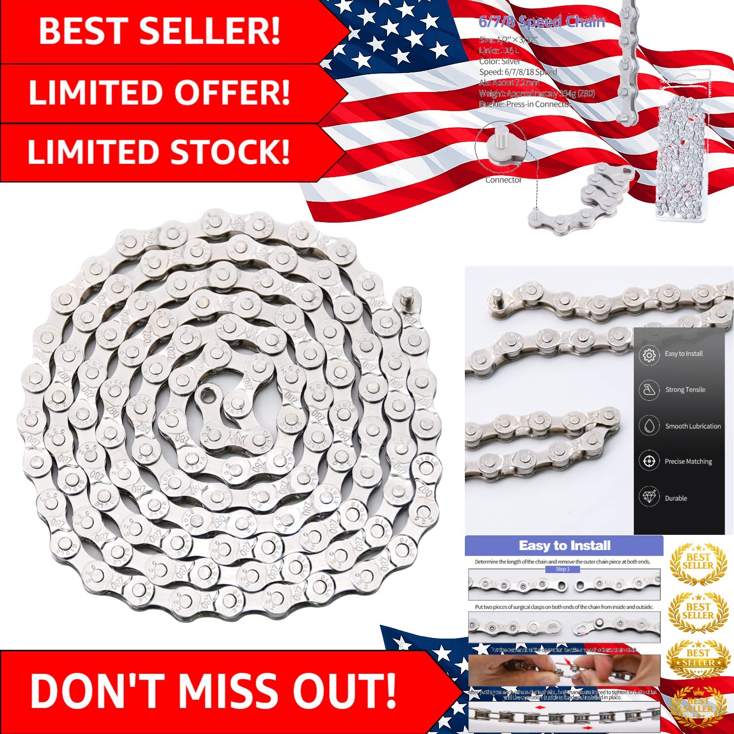 Alloy Steel 6/7/8 Speed Bike Chain - Durable, Lightweight, and Adjustable Length