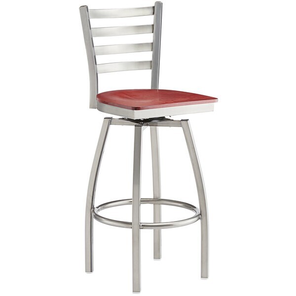 10 PACK Clear Coat Ladder Back Swivel Metal Restaurant Barstool w/ Mahogany Wood