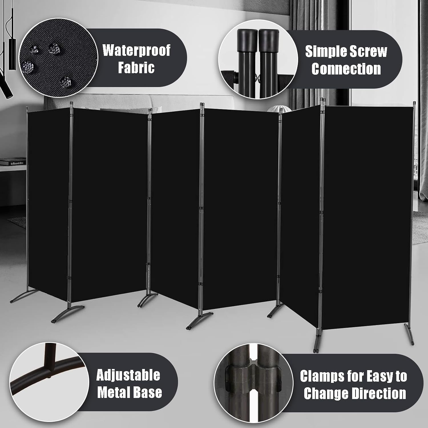 Room Divider-Folding Privacy Screens, 6 ft 6 Panel Wall Separation Blinds Partit