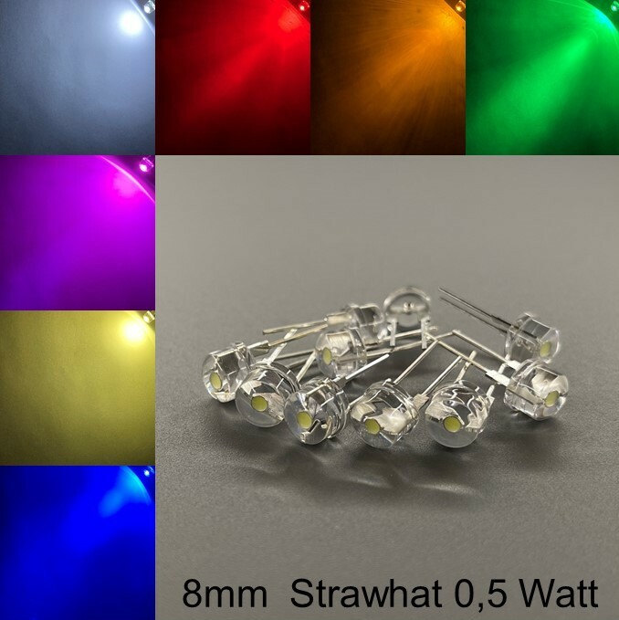 8mm LEDs Strawhat 200° 0.5 Watt all colours including resistors light emitting diodes LED +