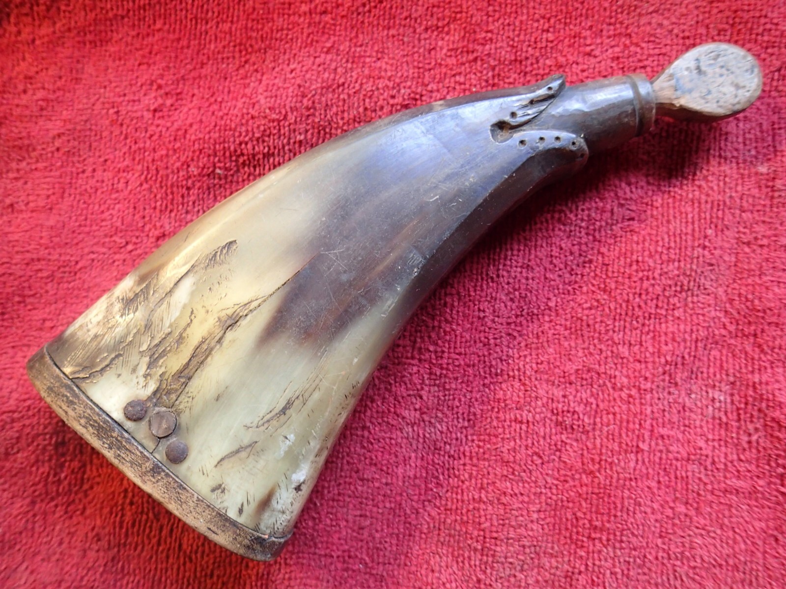 ANTIQUE 1700 / 1800-s BLACK POWDER HORN FLASK w ORIGINAL STOPPER  SWEDEN SWEDISH