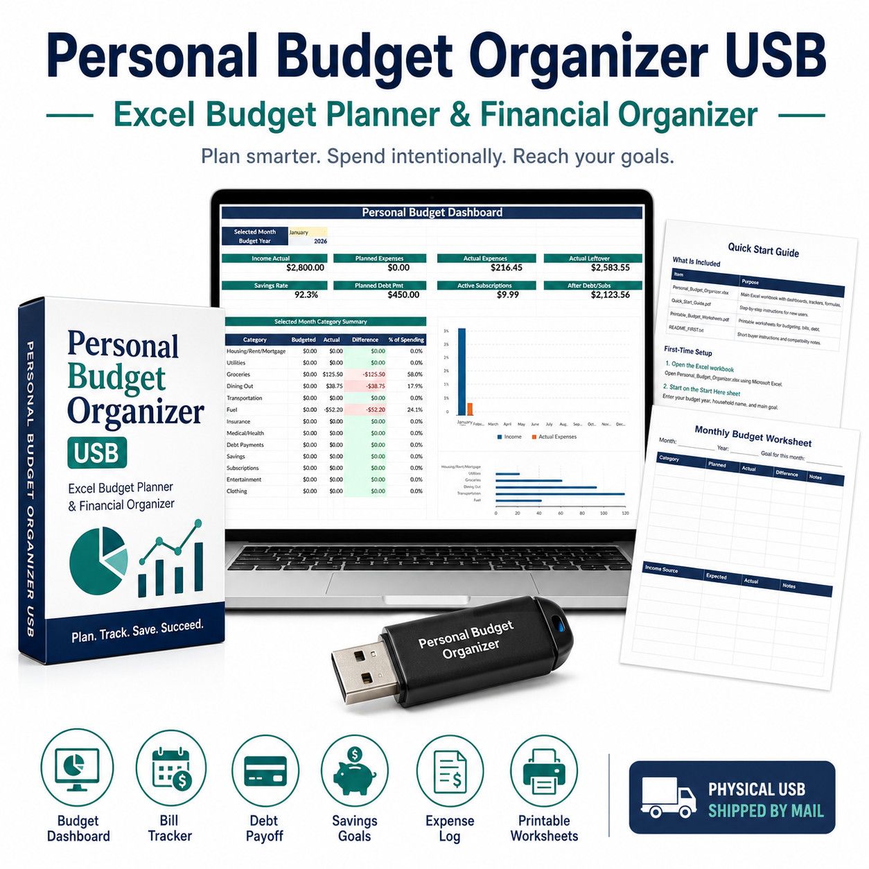 Personal Finance Budget Planner USB Excel Spreadsheet Debt Bill Expense Tracker