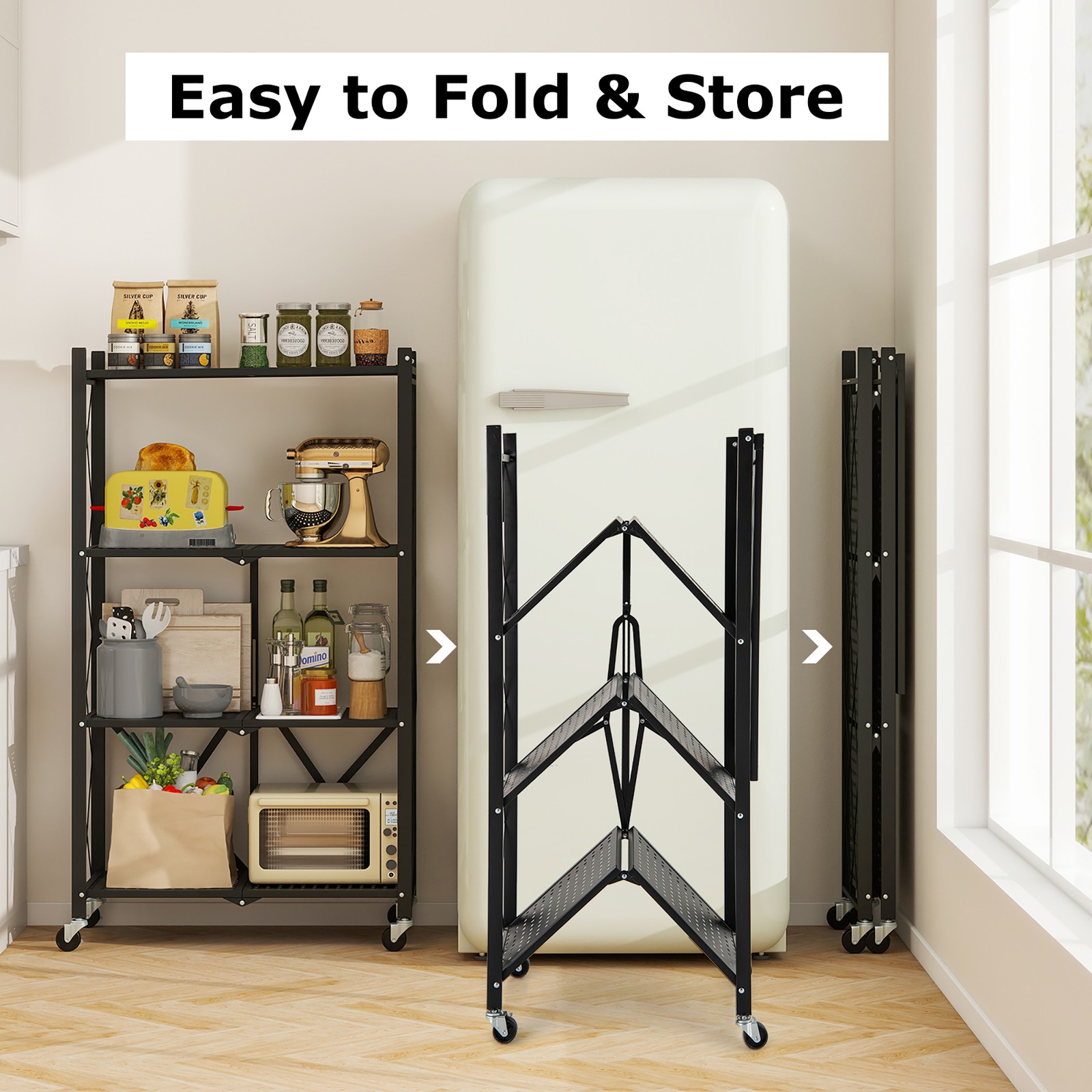 2PCS 4-tier Foldable Storage Shelving Unit w/4 Universal Wheels for Kitchen