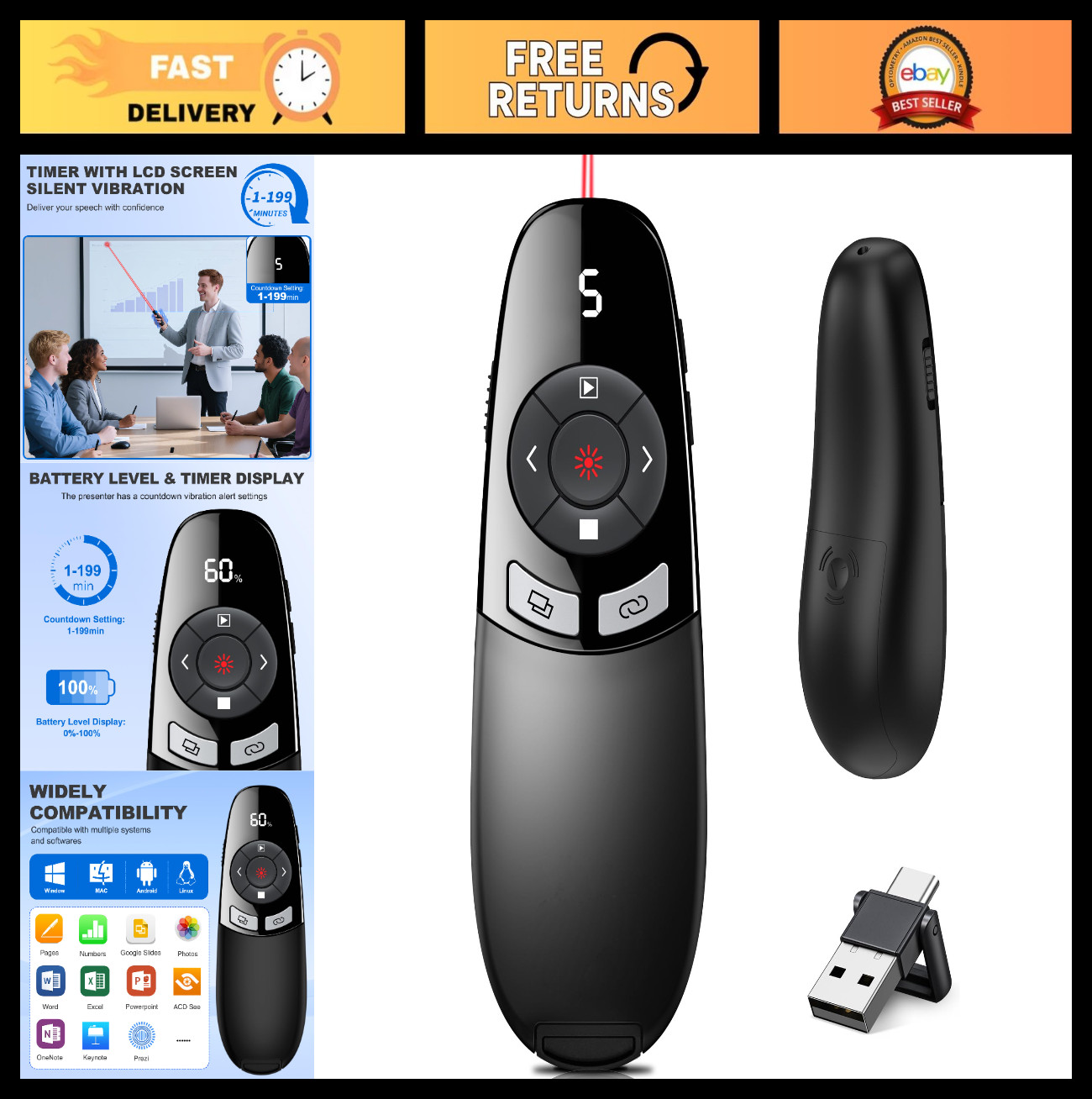 Wireless Presentation Clicker with Red Laser Pointer & Timer - Remote for PowerP