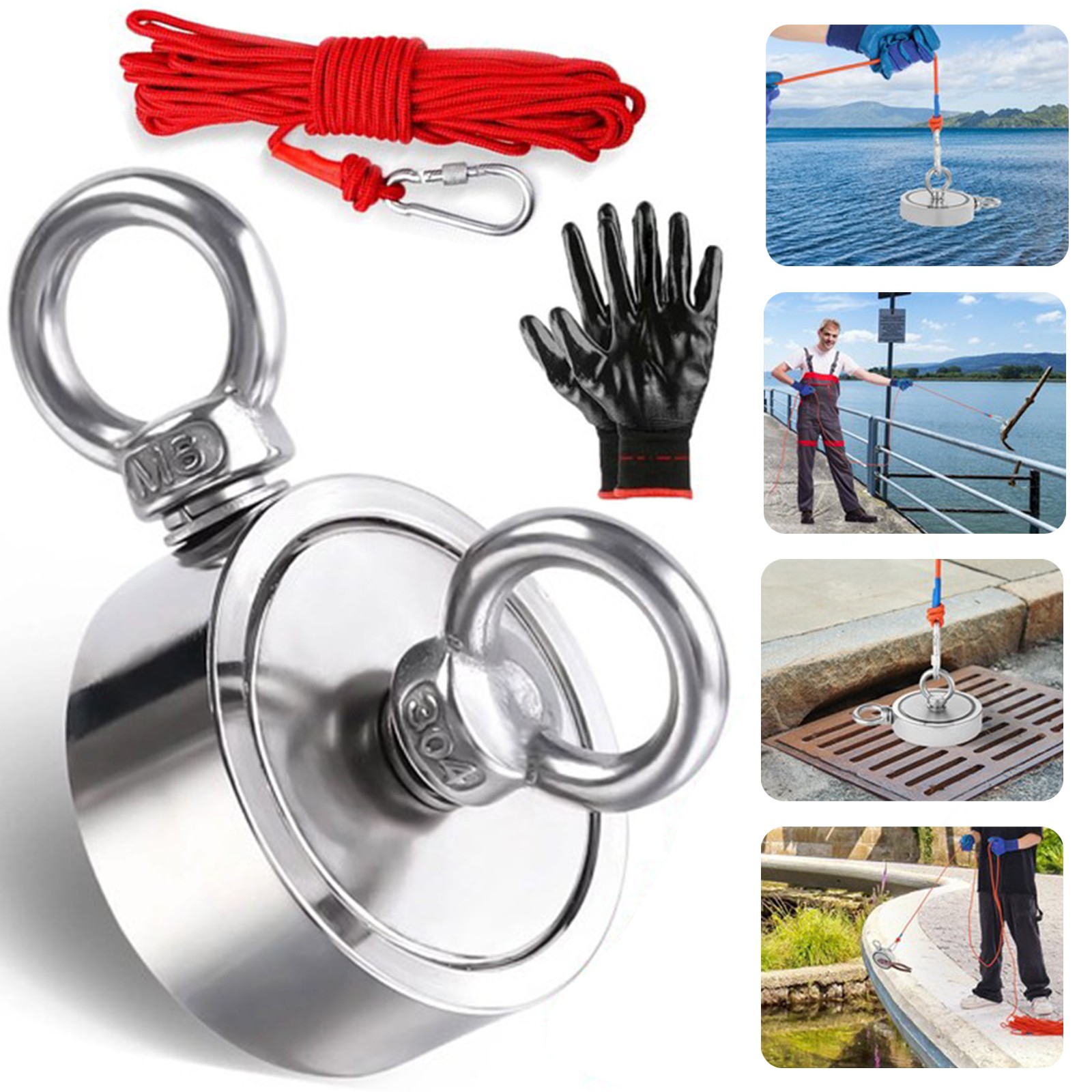 2000 LBS Strong Fishing Magnet Kit Double-Sided Pull Force and Rope Carabiner US