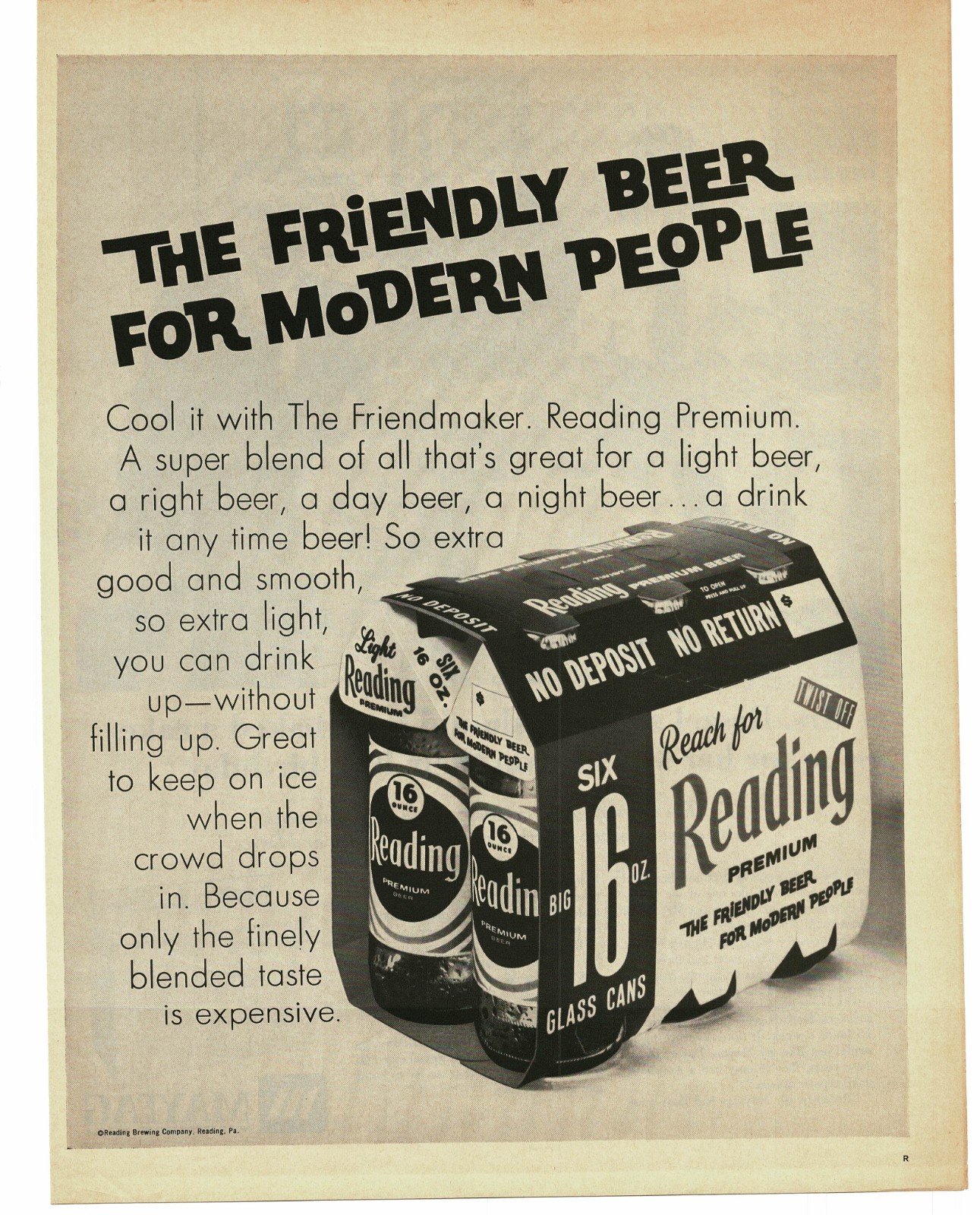 1969 Reading Premium Beer Vintage Print Ad 16oz Glass Cans Six Pack Retro Design