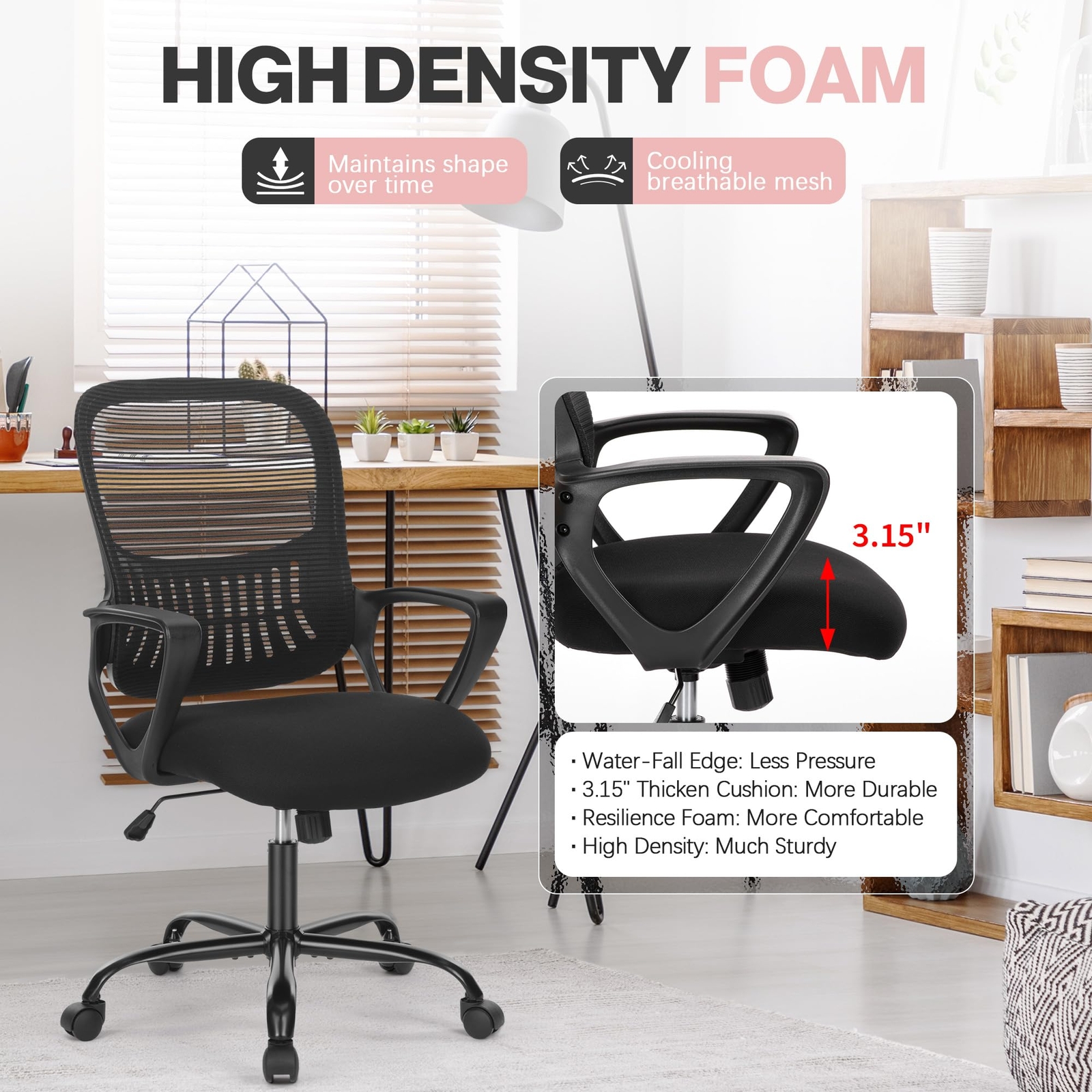 Office Chair Ergonomic Swivel Adjustable Computer Chair for Home Bedroom Black