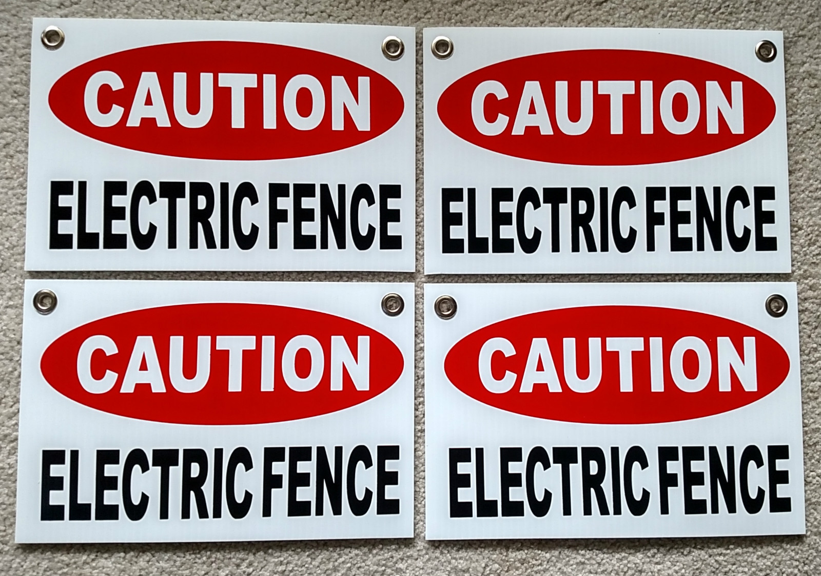4 CAUTION ELECTRIC FENCE Plastic Coroplast Signs 8"X12" w/Grommets FREE SHIPPING