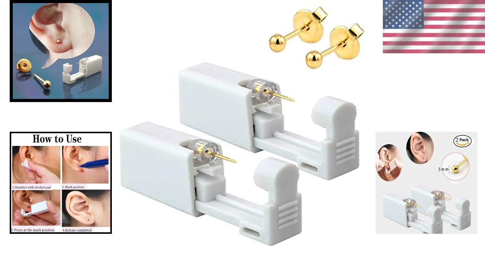 Ultimate Self Ear Piercing Tool Set - 2 Pack with Gold Studs & Alcohol Pads