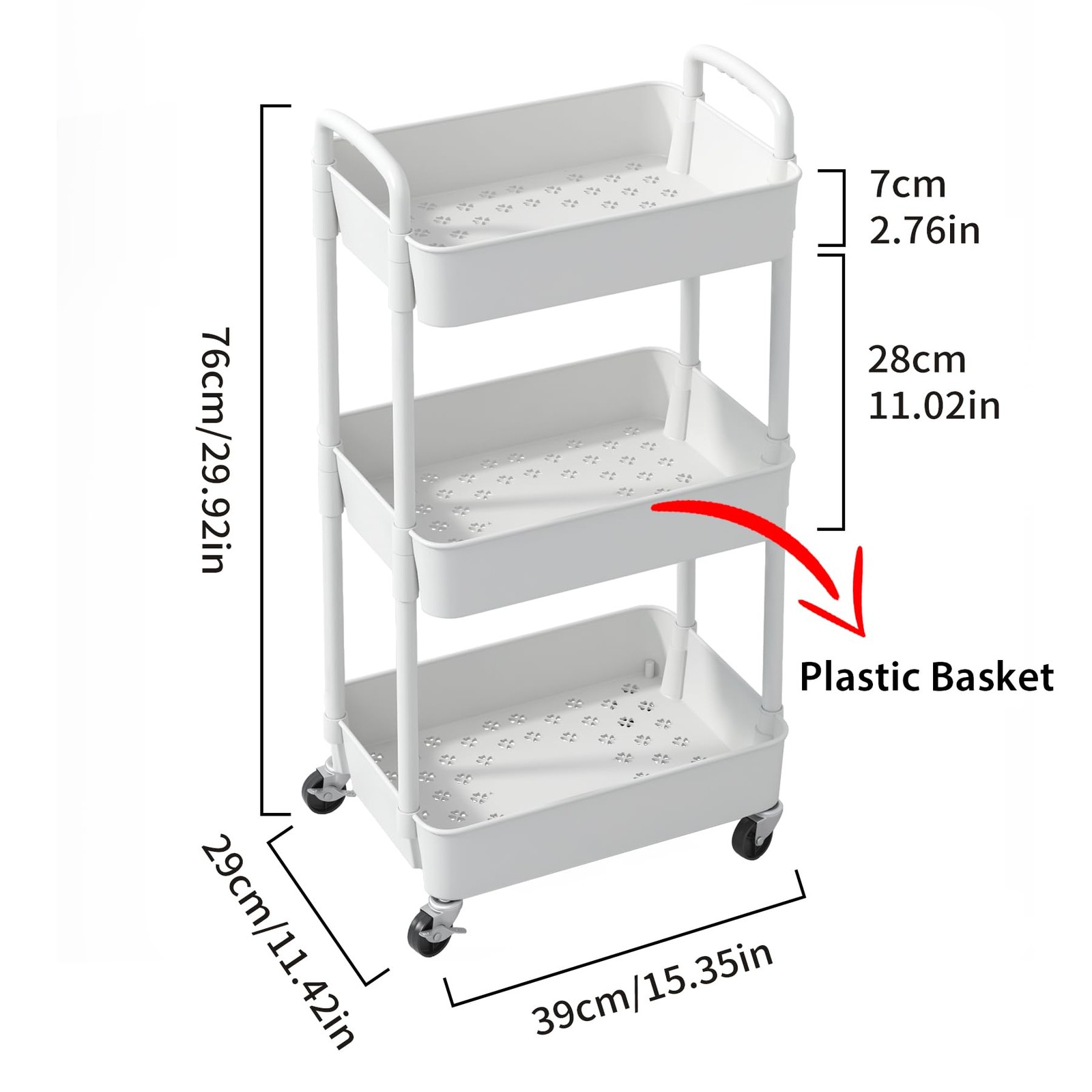3-Tier Plastic Rolling Utility Cart with Wheels for Storage,White