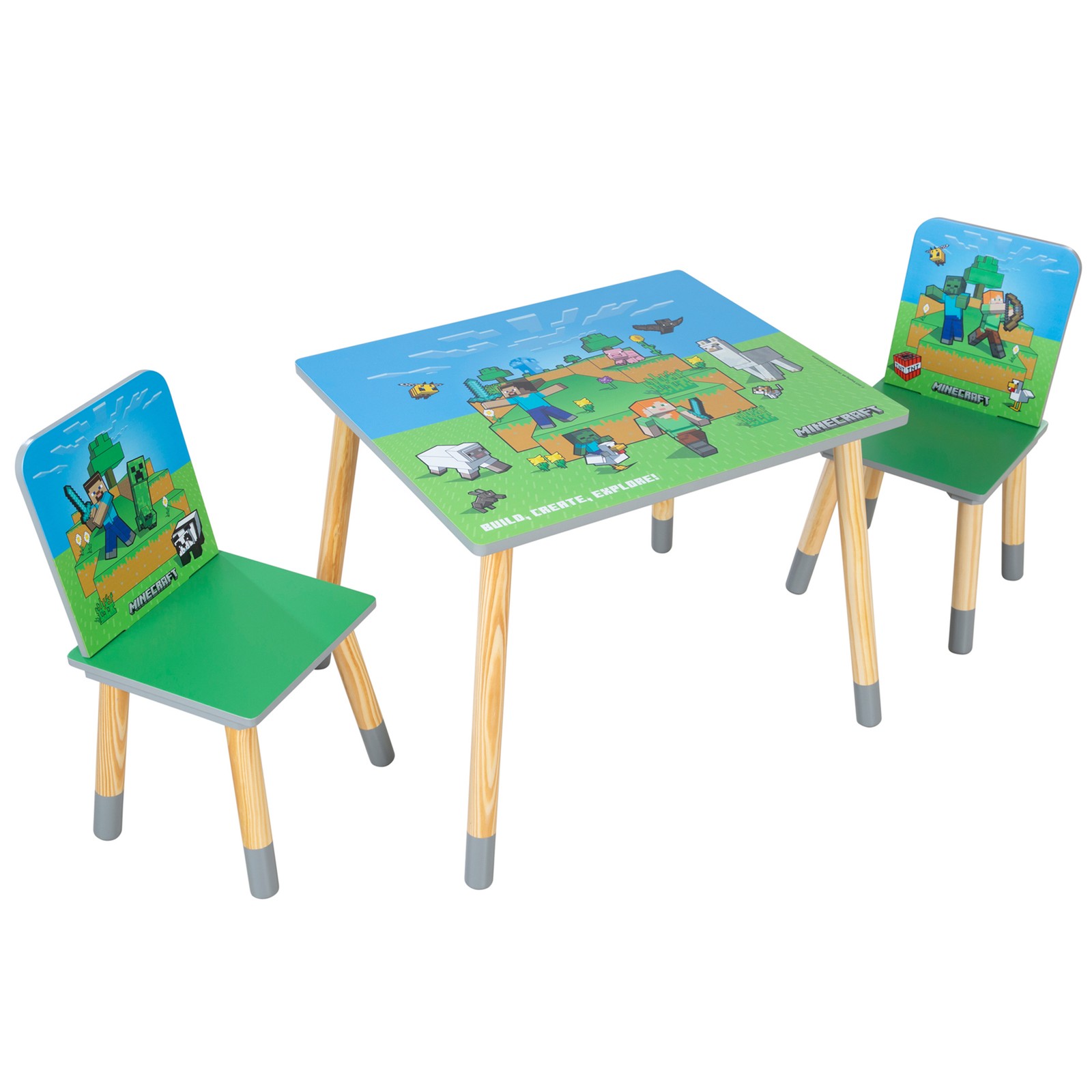 Minecraft Kids Wooden Table & Chair Set - Green & Blue, 3-Piece Decor