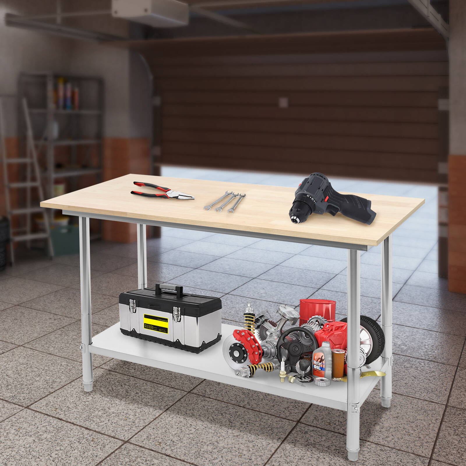 Oak Wood Top Work Table Workbench Work Table with Undershelf 500kg Load Capacity