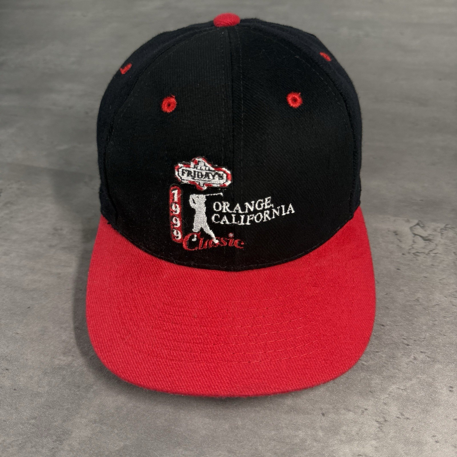 Vintage 90s TGI Fridays Golf Tournament Hat Black Red Restaurant Logo Promo Cap