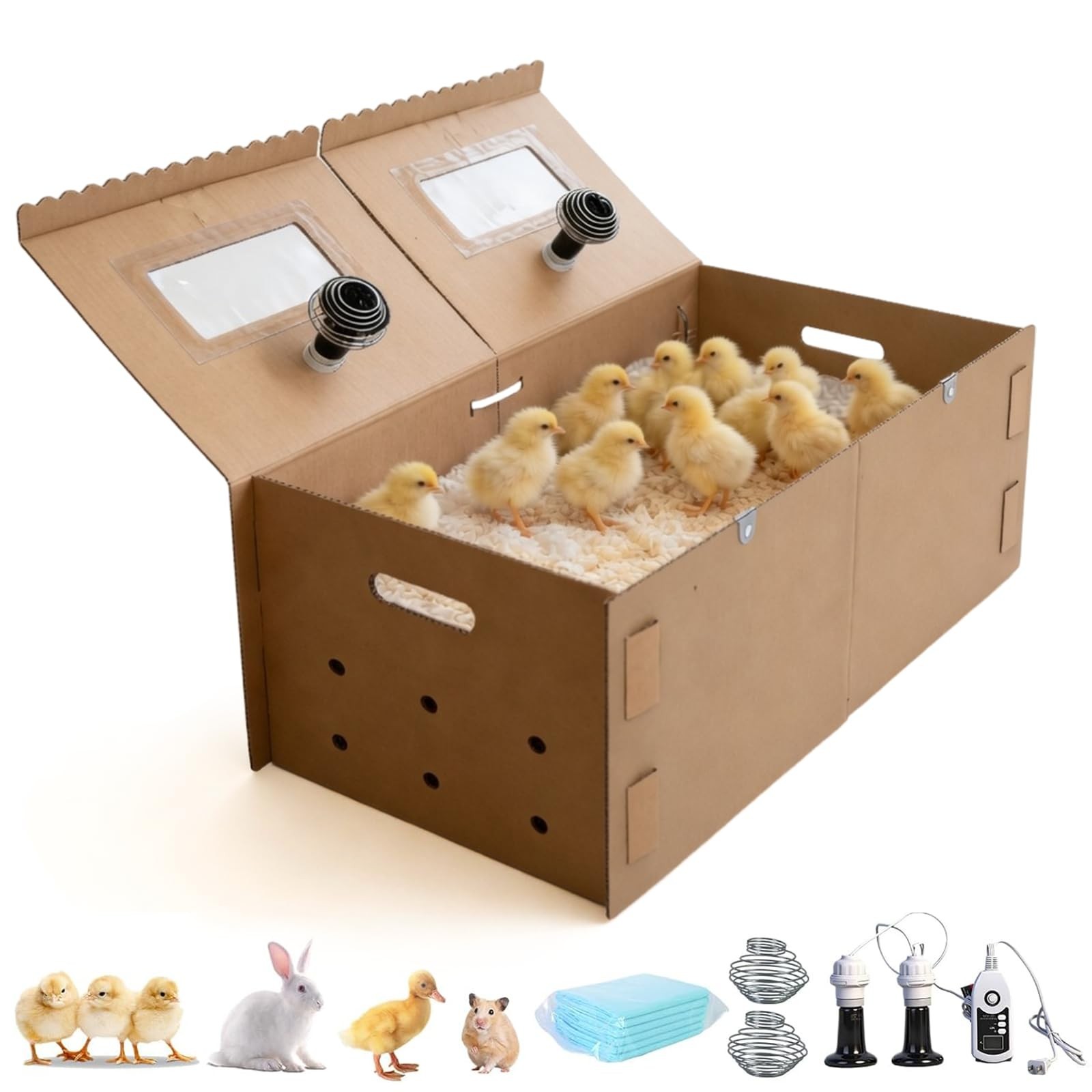 Extra Large 33" Chick Brooder Box for 40 Chicks, Dual 75W Heat Lamps, Adjustable