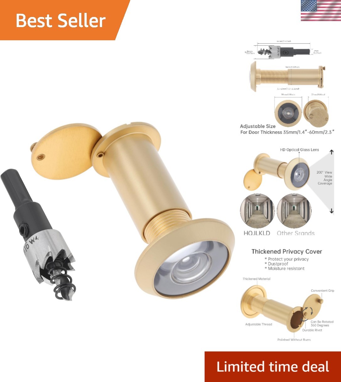 Door Viewer Peephole,Solid Brass 200 Degree Peep Hole with 16 MM Drill Bit fo...