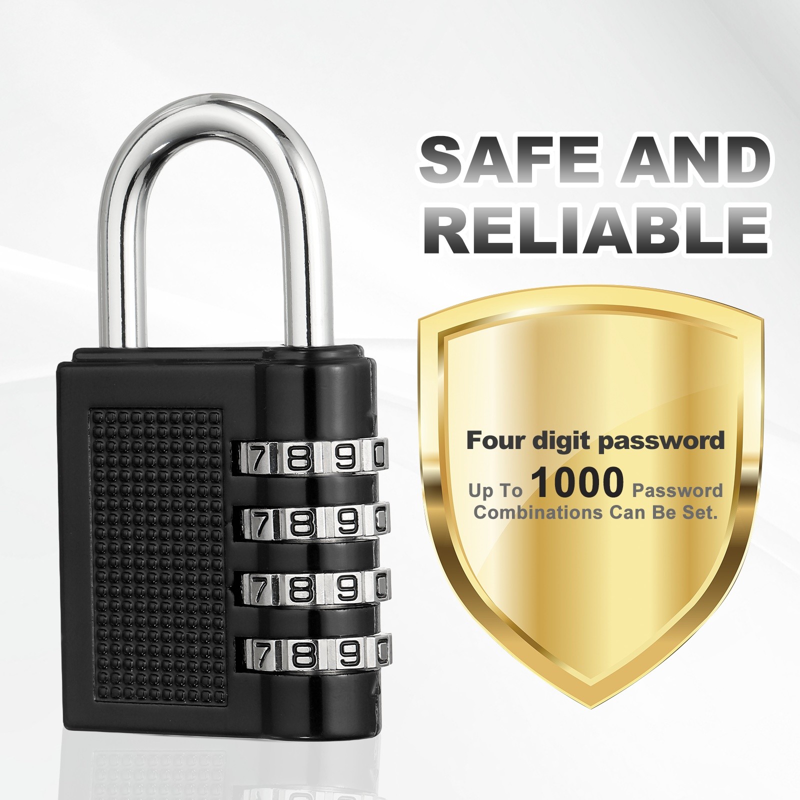 Combination Padlock (Large, Black), 4-Digit Shackle Code Locks