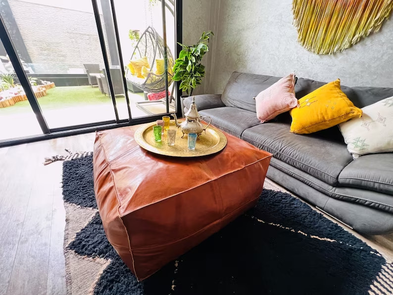 Large Unstuffed Moroccan Leather Pouf Premium Boho Footrest Genuine Ottoman 30''