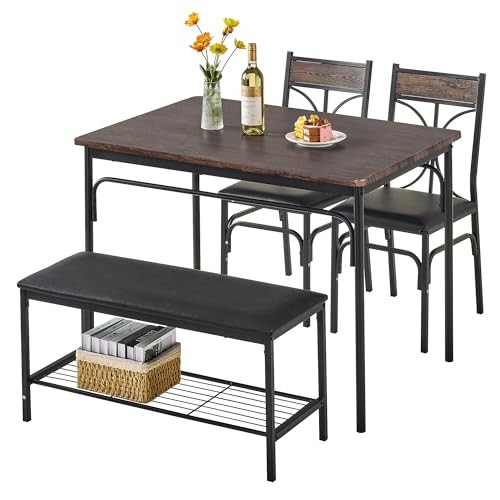 Kitchen Dining Table Set with Upholstered Bench & 2 seat for 4 Classic Brown