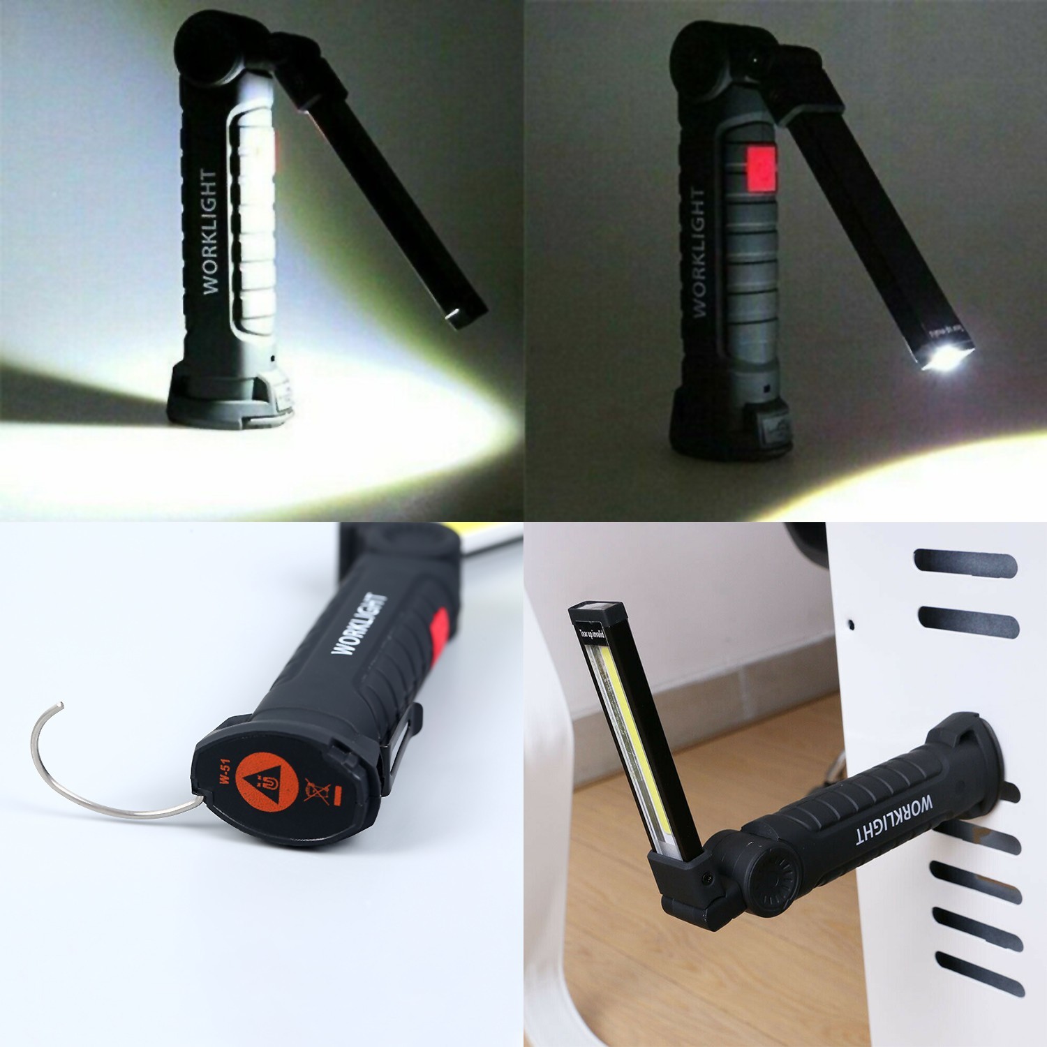 2PCS Magnetic Rechargeable COB LED RED Work Light Lamp Flashlight Folding Torch