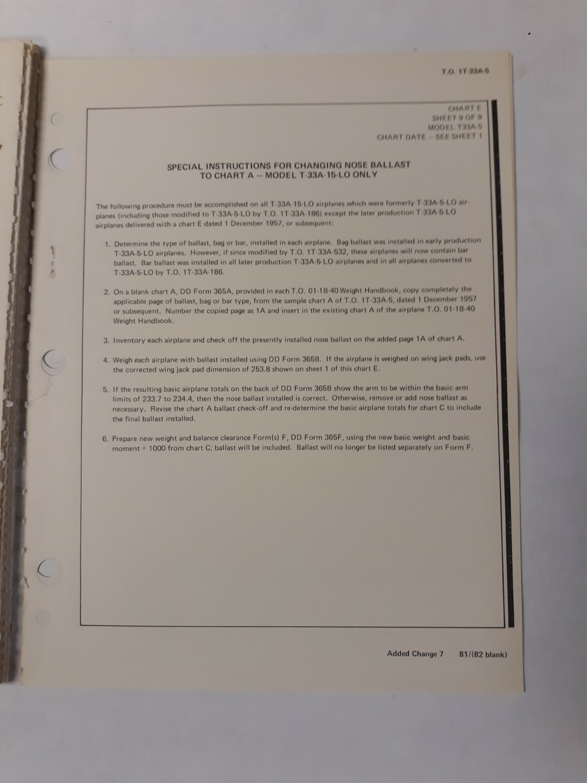 Lockheed T-33A-1-5-10-15/TV-2 Aircraft Basic Weight Checklist & Loading Data