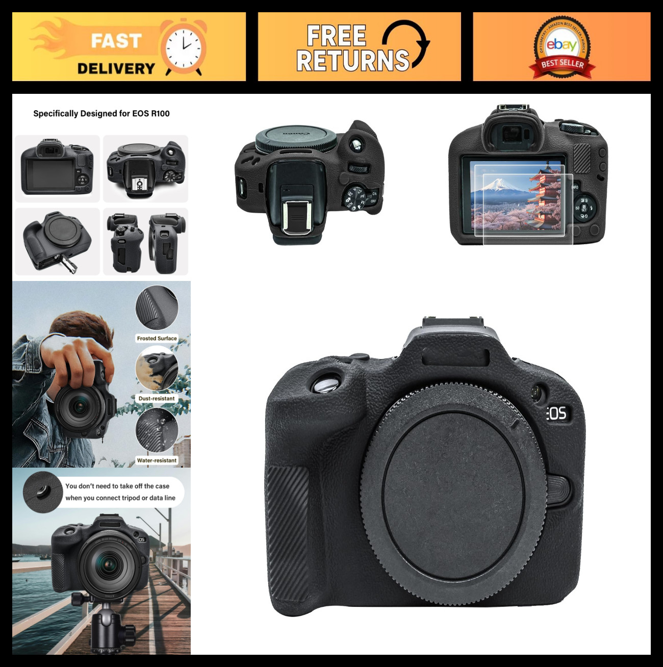 Camera Accessories Kit for EOS R100 - Silicone Case, LCD Protector (2 Pack), Hot