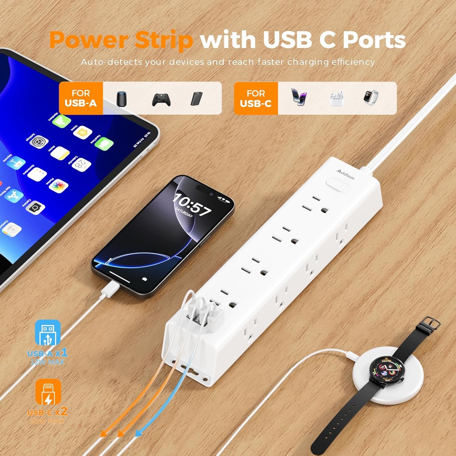 15Ft Extension Cord with Multiple Outlets, Addtam Flat Plug Power Strip Surge Pr