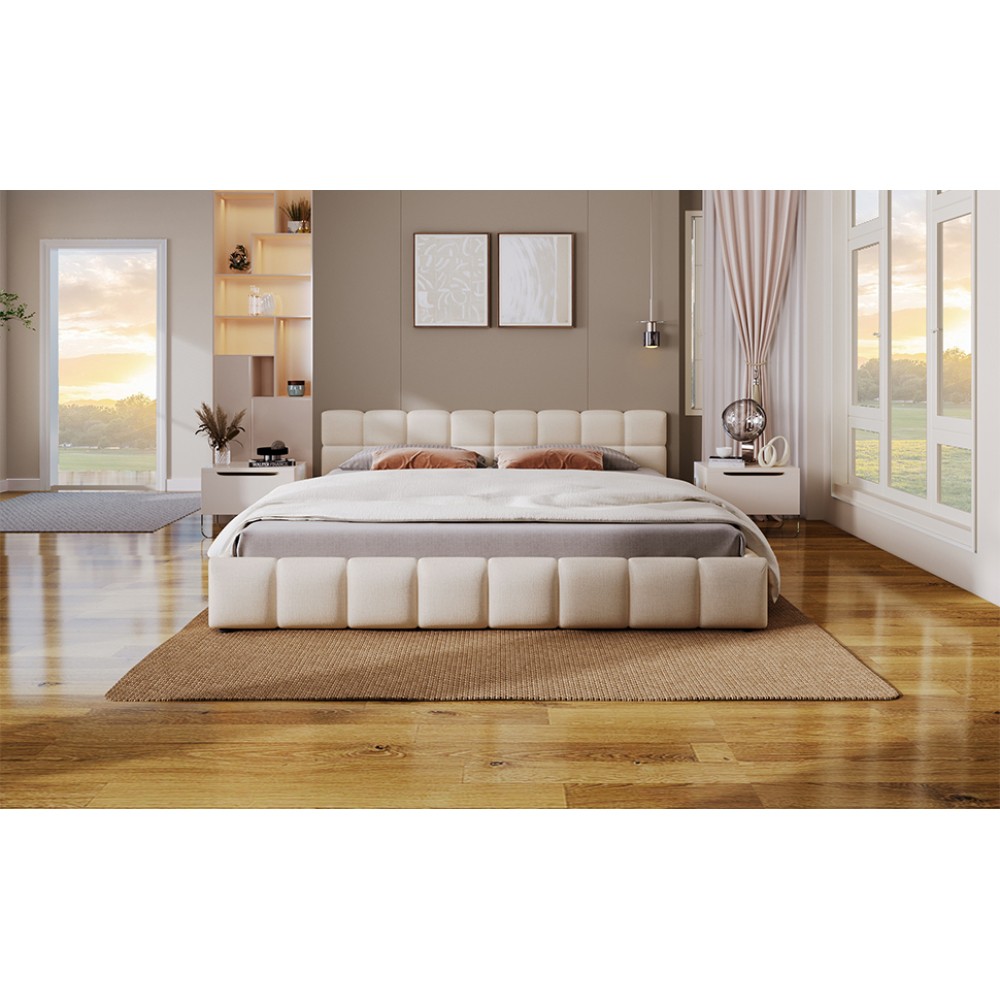 King Size Chenille Upholstered Bed w/ Checkerboard Headboard, Beige