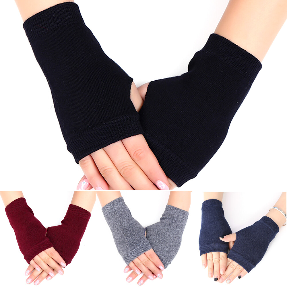 Woman Fingerless Arm Wrist Hand Warmer Soft Stretch Mittens Winter Knit Gloves