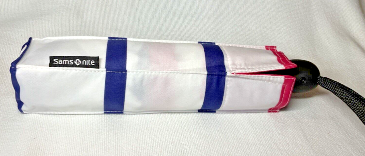SAMSONITE UMBRELLA & CASE AUTO OPEN AND CLOSE BLUE PINK WHITE STRIPE NWT