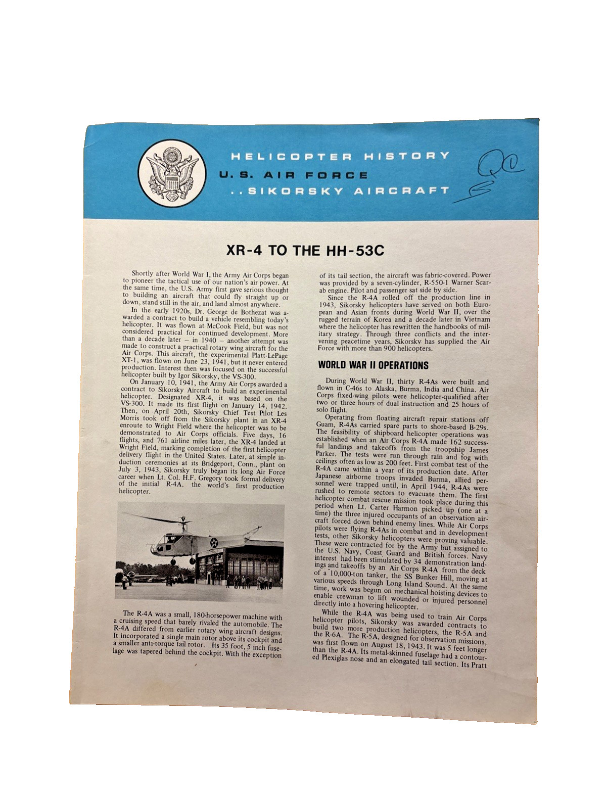 U.S Air Force & Sikorsky Military Helicopter History Pamphlet (ca. early 1970's)