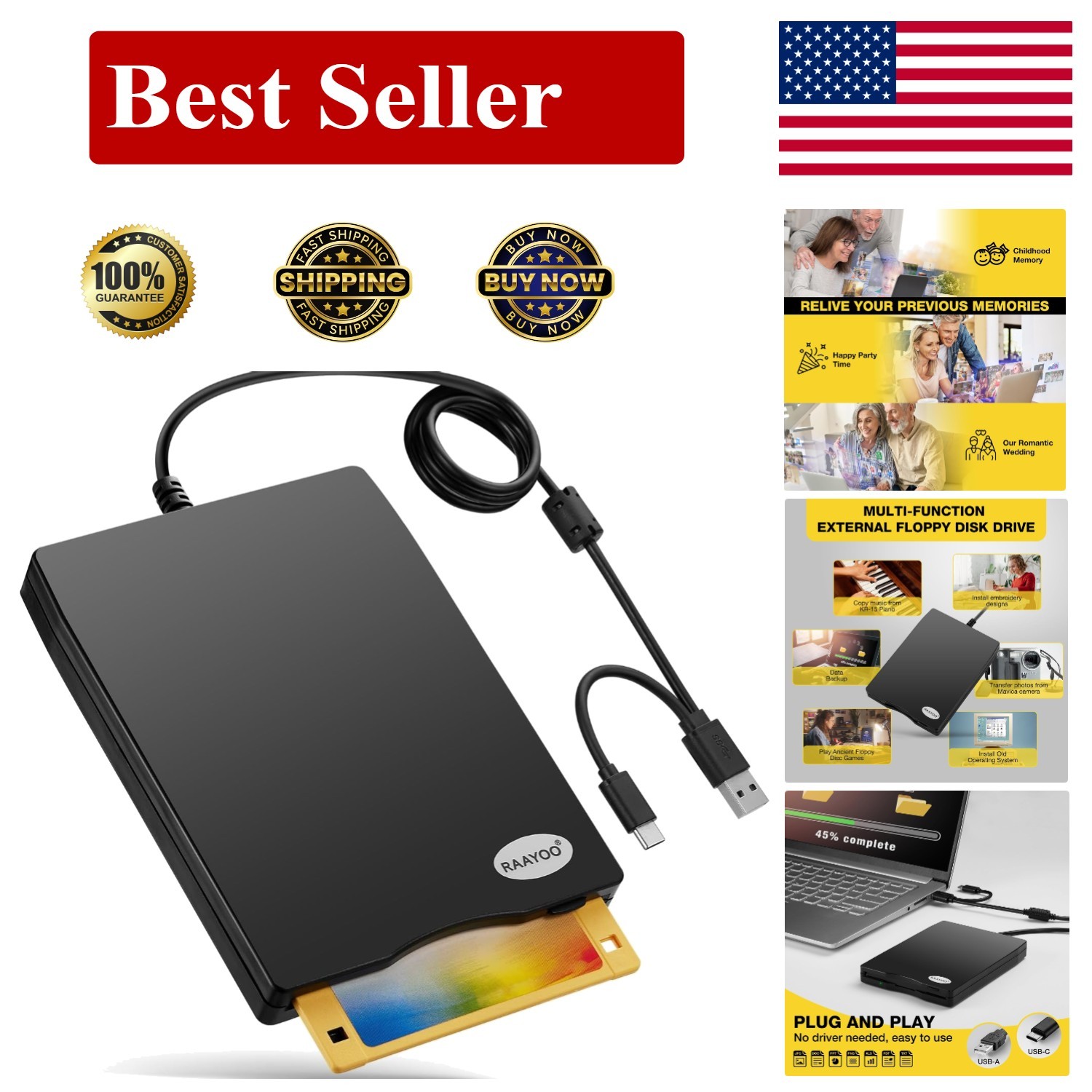External USB Floppy Disk Drive 1.44 MB Reader for Windows 11/10/8/7/XP Black