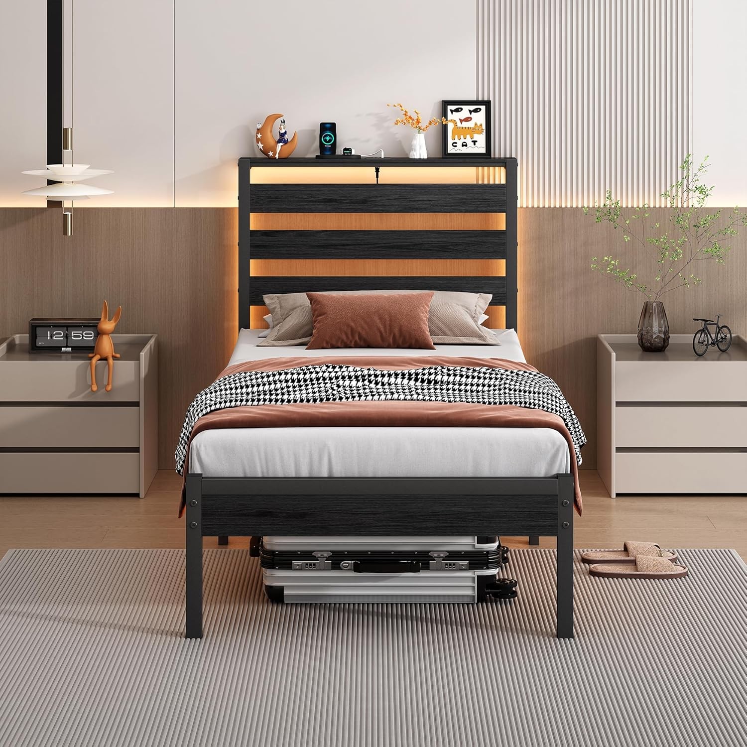 Bed Frame Twin Size W/ USB Charging Station LED Bed Frame W/ Wood Storage