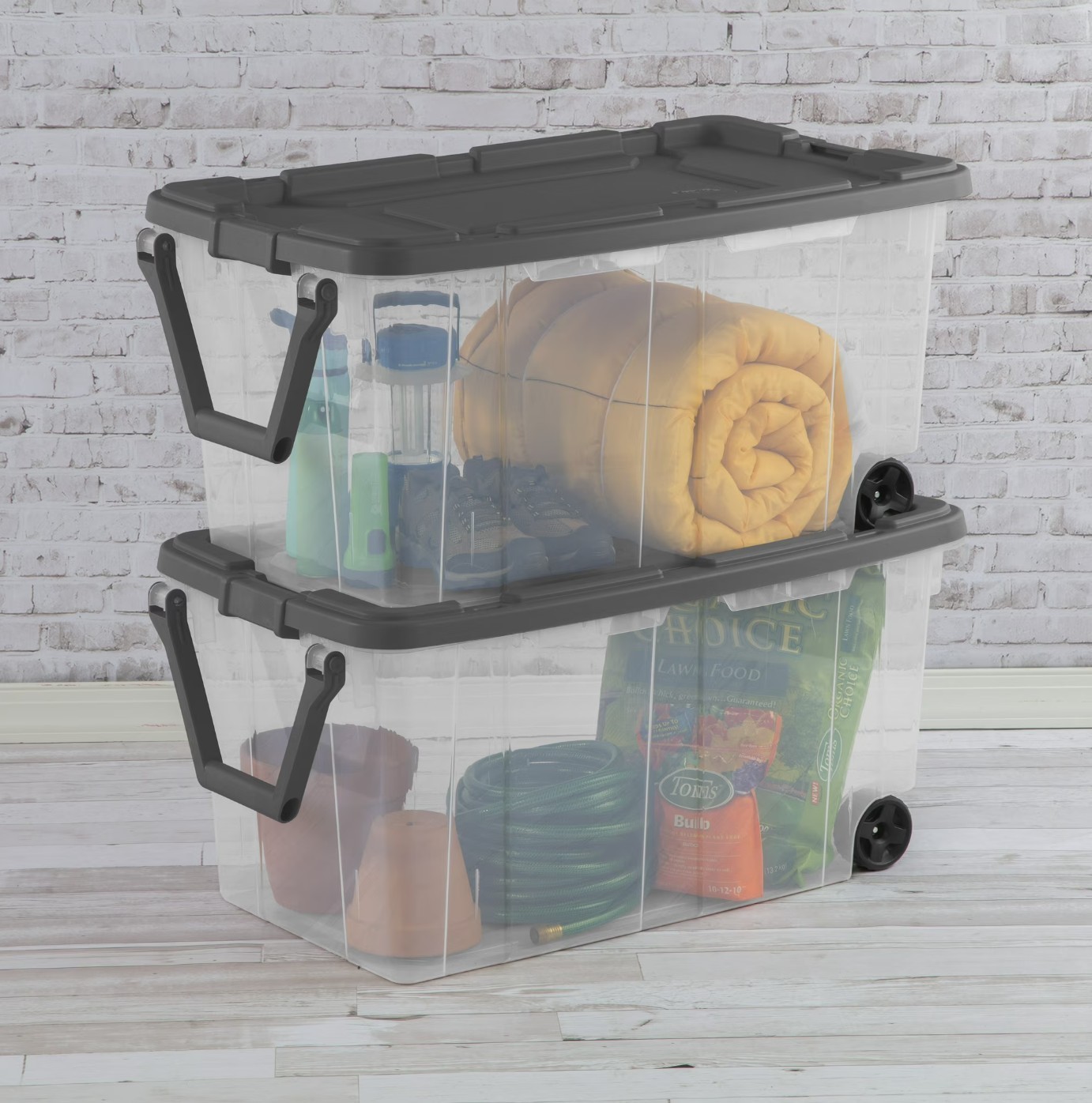 (2 pack) Sterilite 160 Quart Wheeled Storage Box, Extra Large Durable Clear Plas