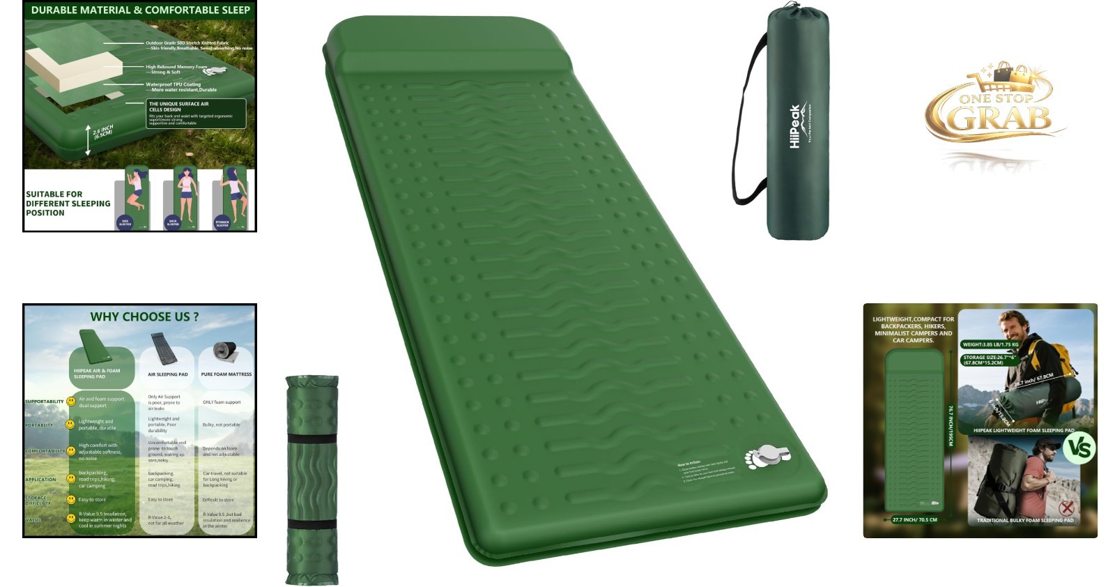 Memory Foam Sleeping Pad with Built-in Pump 9.5 R-Value Compact Camping Mat G...