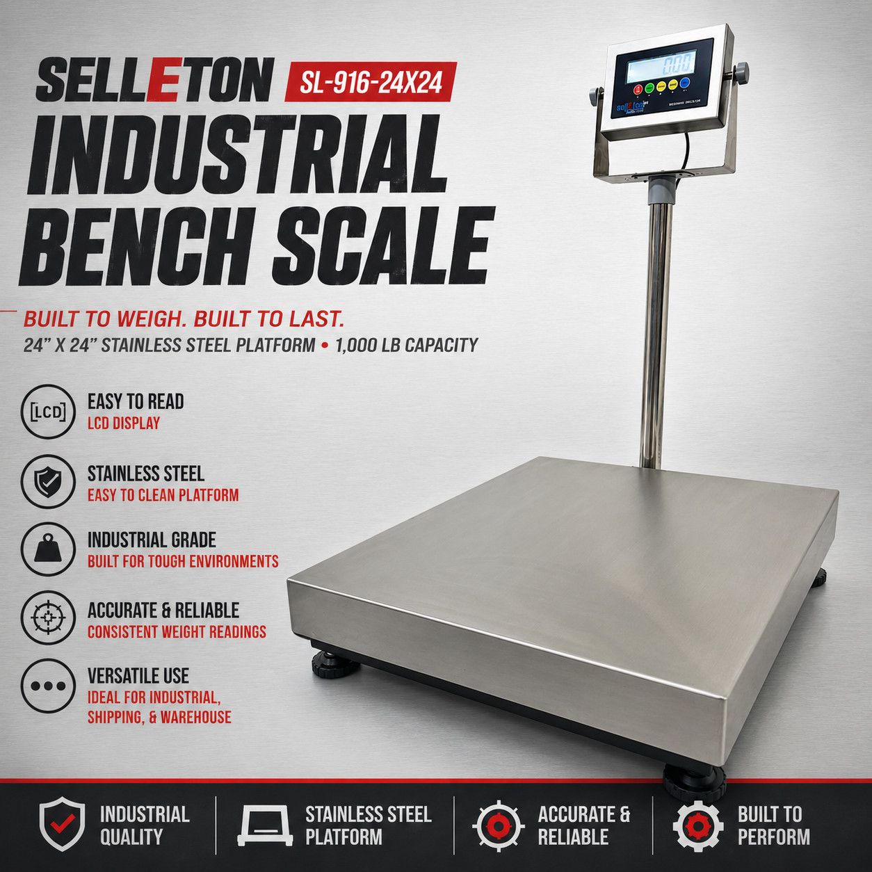 SL-916-24x24 Industrial bench scale Stainless steel indicator & platter 1000 lbs